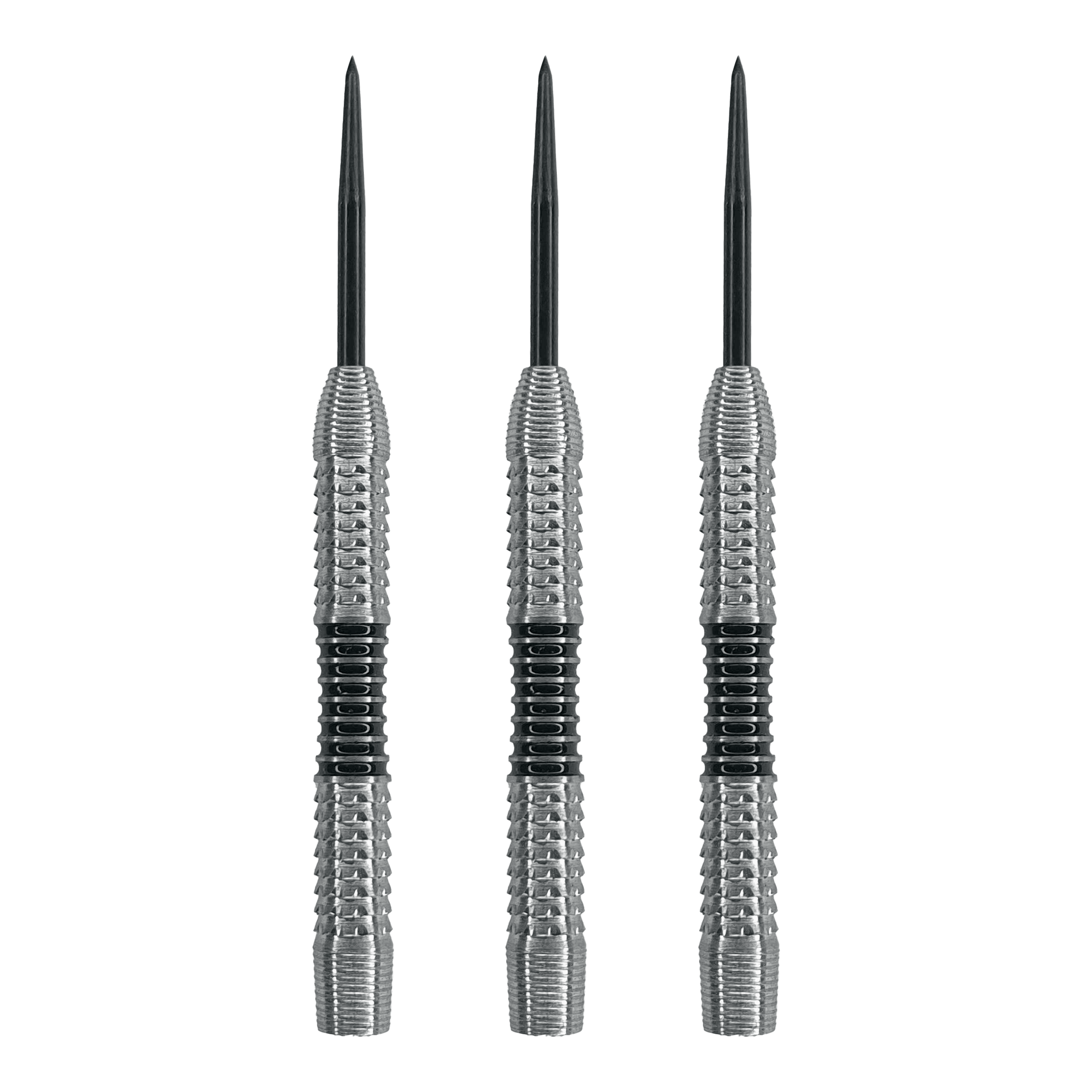 McDart Black Stripe 2 steel dart barrels - 22g Das Bild zeigt drei Steeldart-Barrels mit silberner Oberfläche und schwarzen Ringen in der Mitte. Es handelt sich um das Produkt "McDart Black Stripe 2 Steeldart-Barrels - 22g".