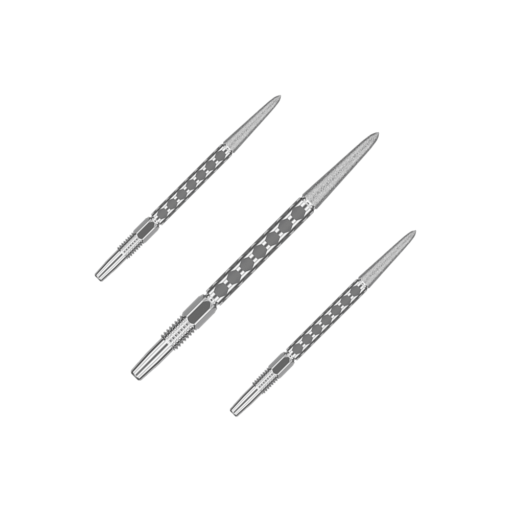 Target Swiss FLT Point Dart Tips - Silver Ein Set mit mehreren kurzen silbernen Dartspitzen ist nebeneinander angeordnet. Die Spitzen laufen parallel.