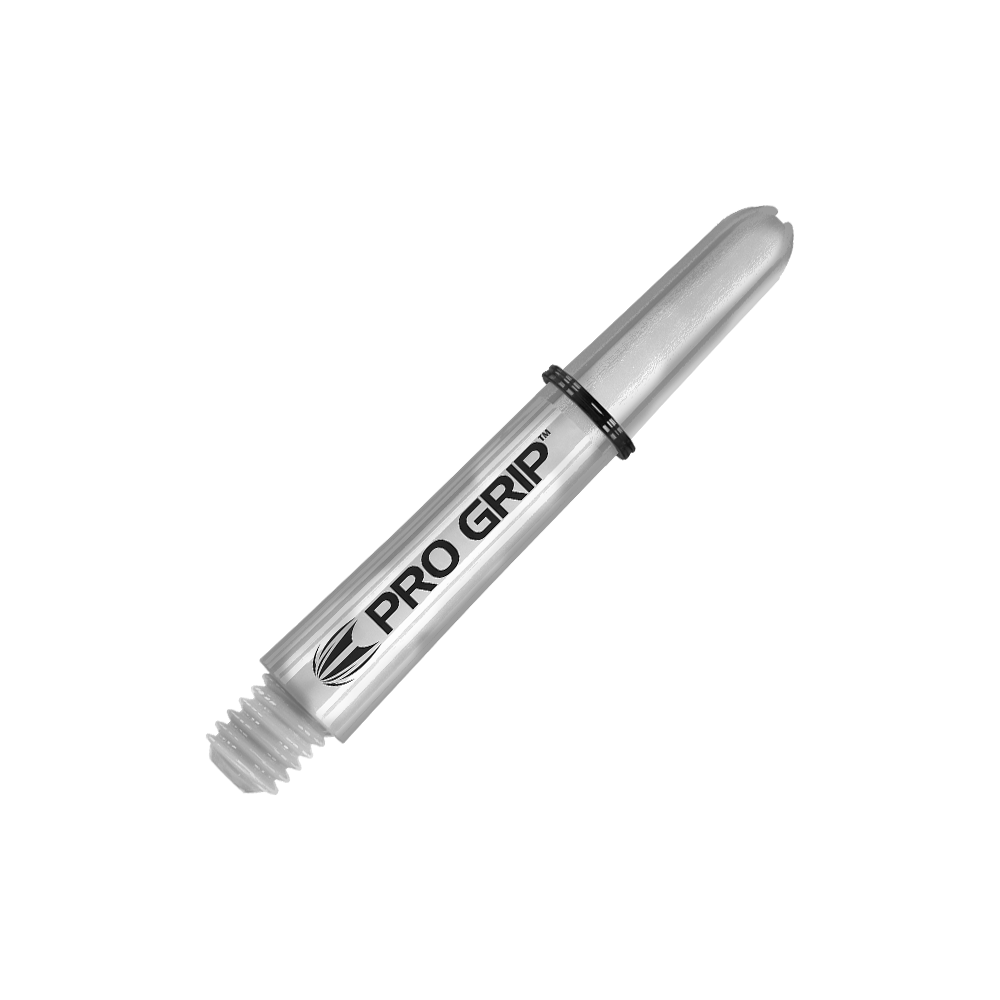 110195_Target_Pro_Grip_Shafts_Transparent_34mm_2 Auf dem Bild ist ein transparenter Pro Grip Schaft für Darts zu sehen. Er ist etwa 34 mm lang und hat einen schwarzen Gummiring.