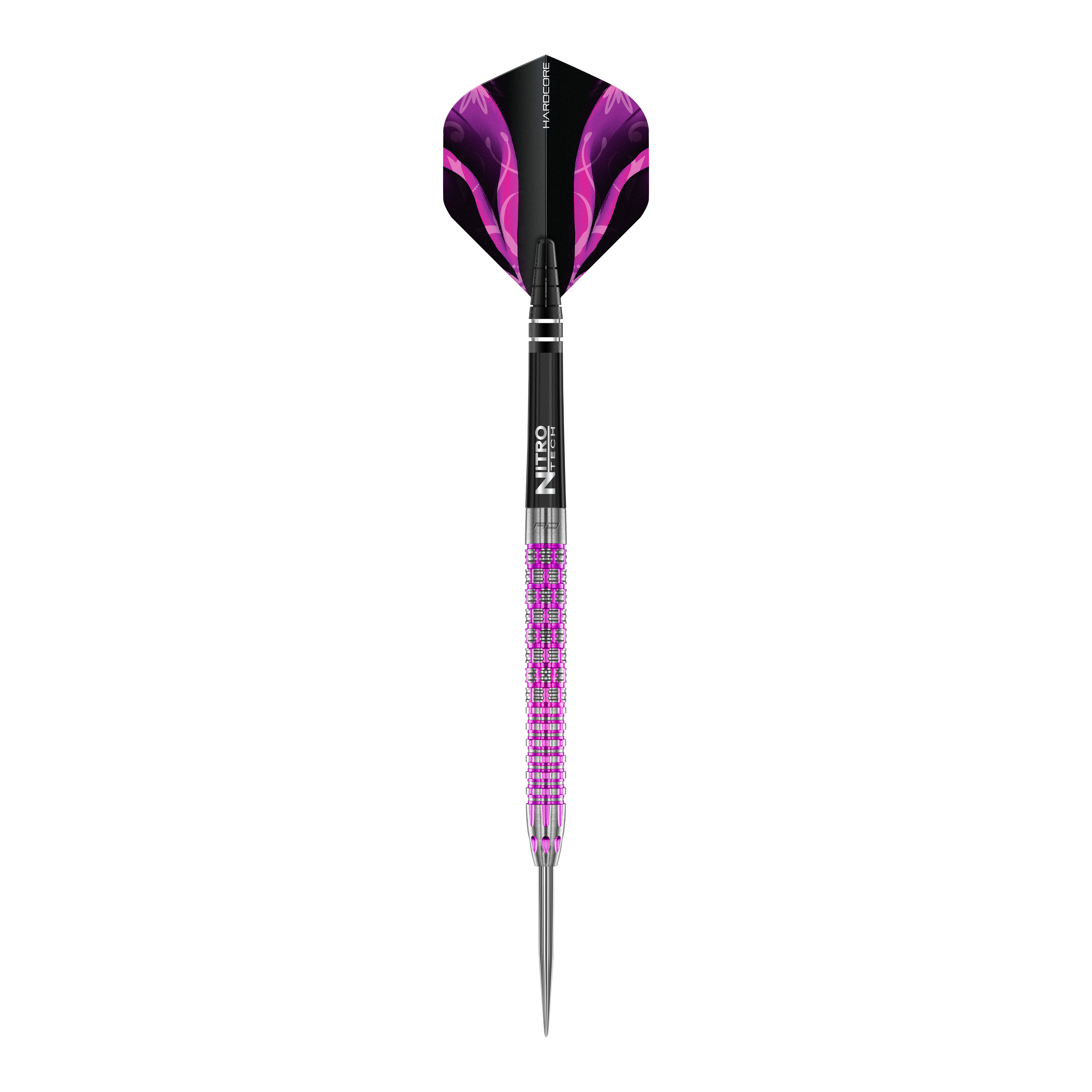 Red Dragon Tyrian Steeldarts Das Bild zeigt einen Red Dragon Tyrian Steeldart mit auffälligen lila und silbernen Details. Der Dart hat eine metallische Spitze und ein schwarzes Flight mit lila Muster.