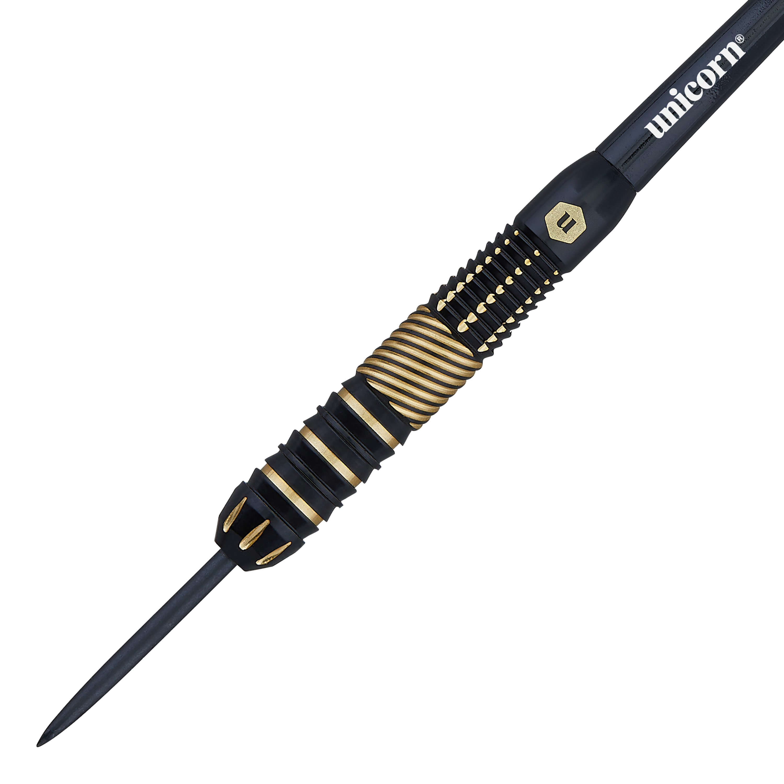 Unicorn Top Brass V2 Steeldarts - 19g Das Bild zeigt einen Steeldart der Marke Unicorn mit schwarzen und goldenen Akzenten. Auf dem Schaft steht der Markenname „unicorn“.