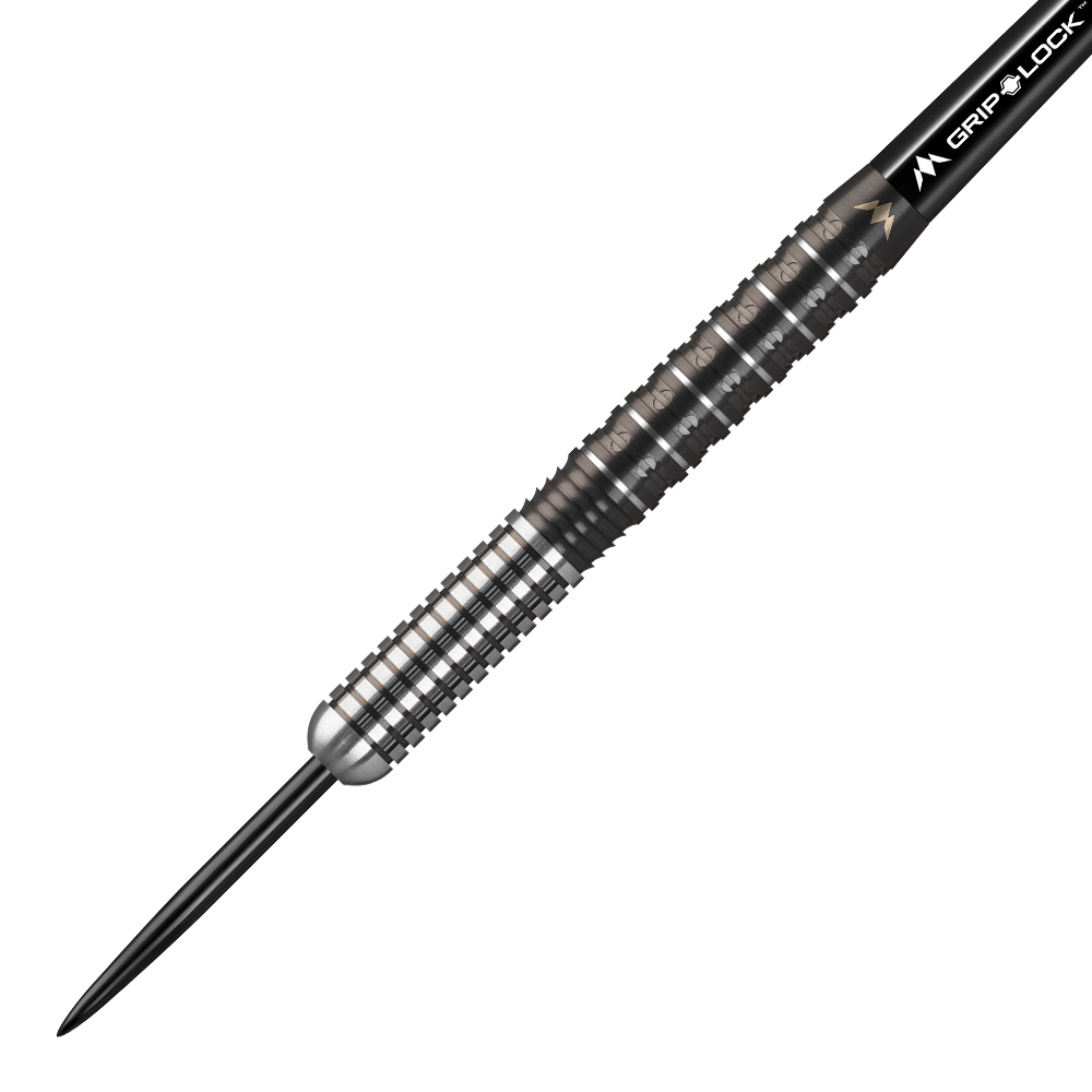 Mission Makara M1 Steeldarts Das Bild zeigt den Mission Makara M1 Steeldart. Der Dartpfeil hat eine schwarz-silberne, geriffelte Oberfläche für besseren Halt.