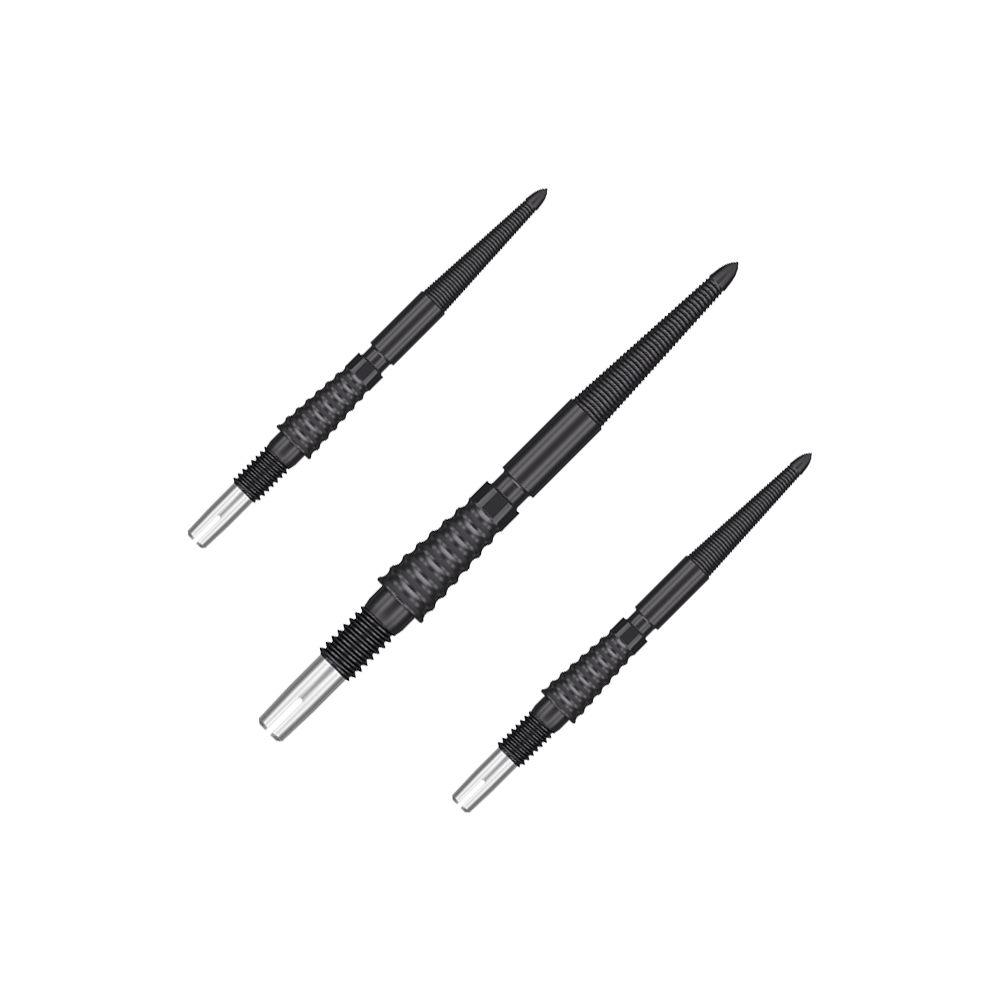 Target Swiss Storm LNC dart tips - Black Auf dem Bild sind drei schwarze Dartspitzen mit silbernem Ende zu sehen. Sie liegen nebeneinander auf einem neutralen Hintergrund.