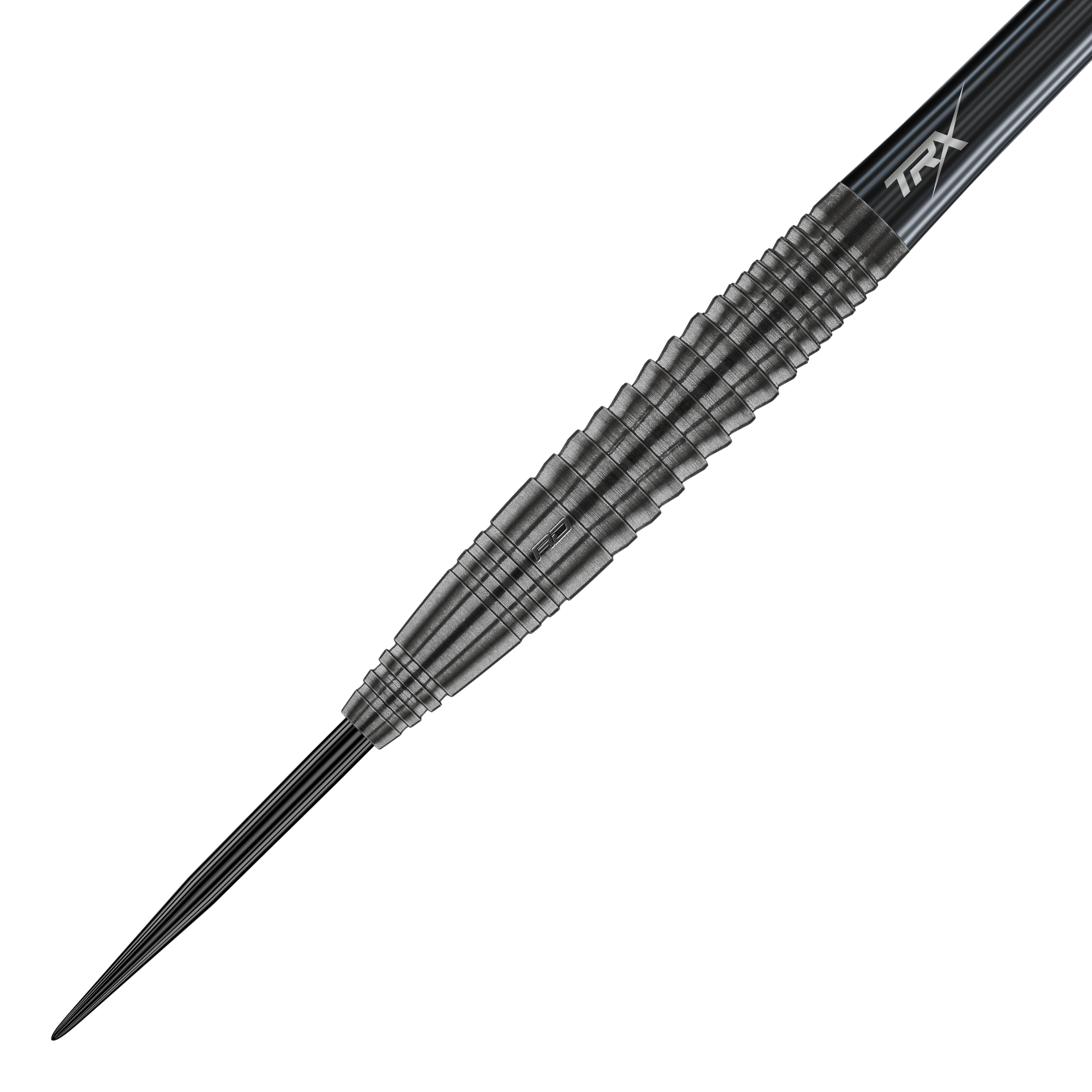 Red Dragon Seren 4 Onyx Steeldarts Das Bild zeigt einen Red Dragon Seren 4 Onyx Steeldart. Der Dart hat ein schwarzes, gerilltes Metallgehäuse und eine spitze Stahlspitze.