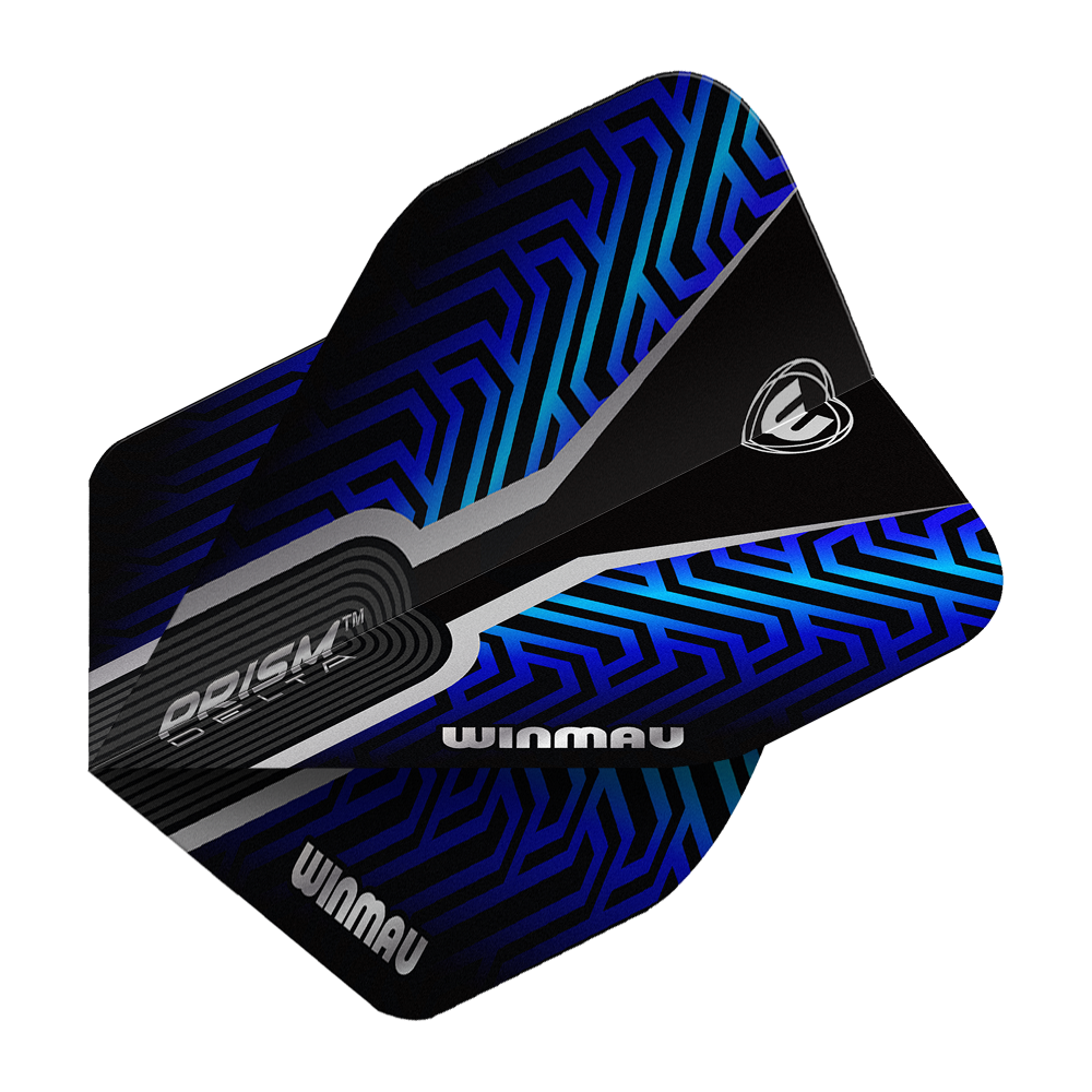 Das Bild zeigt die Winmau Prism Delta Blue No2 Standard Flights. Die Flights haben ein modernes Design in Schwarz und Blau.