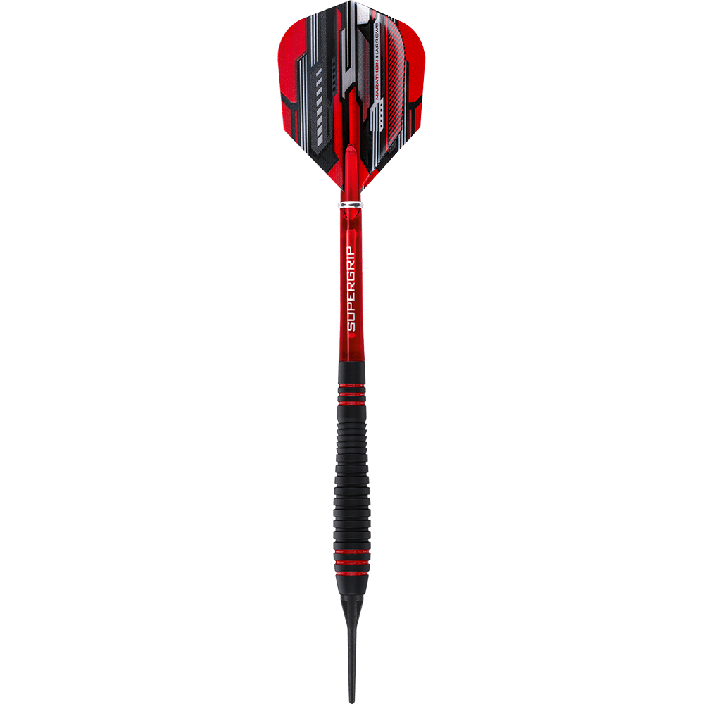 HA13722_Harrows_ACE_Rubber_Grip_Softdarts_1u7z0pEg30RuFs Das Bild zeigt einen Harrows ACE Rubber Grip Softdart. Der Dartpfeil ist rot und schwarz gestaltet und hat einen gummierten Griff für besseren Halt.