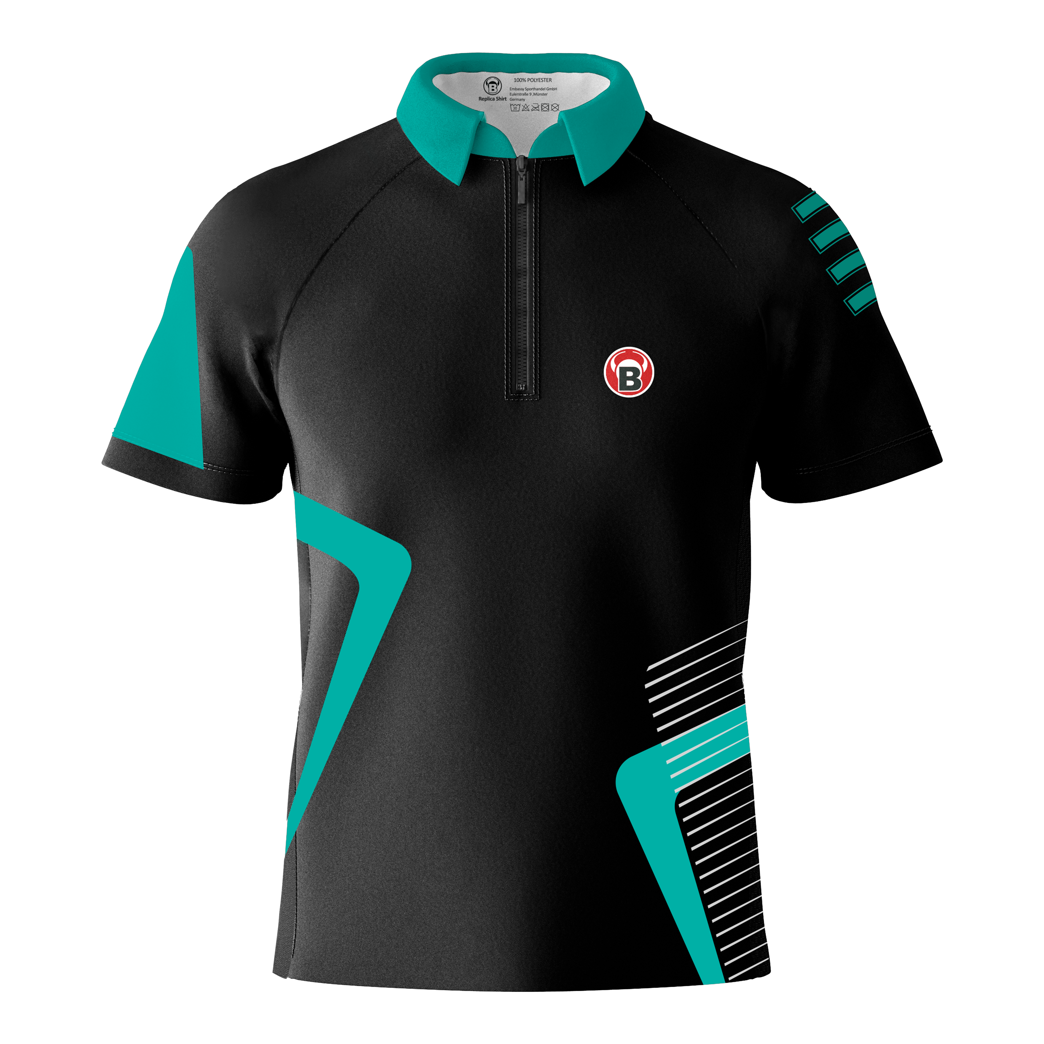 Bulls Team Dart Shirt - Mint Das Bild zeigt das Bulls Team Dartshirt in der Farbe Mint. Das Shirt ist überwiegend schwarz mit mintfarbenen Akzenten und einem kleinen B-Logo auf der Brust.