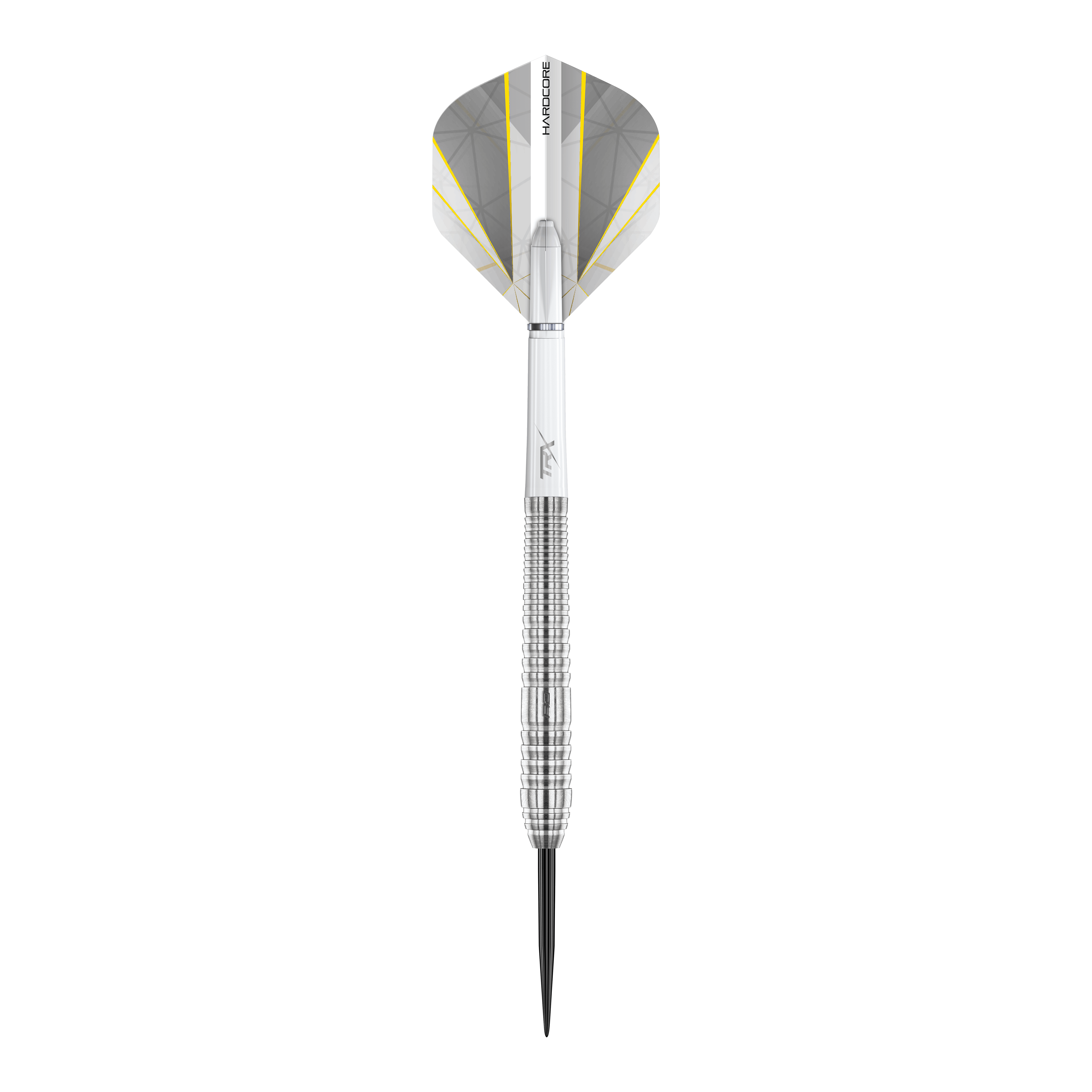 Red Dragon Seren 2 Pure Steeldarts Das Bild zeigt einen Red Dragon Seren 2 Pure Steeldart mit silbernem Schaft und Spitze. Die Flights sind weiß mit grauen und gelben Akzenten gestaltet.