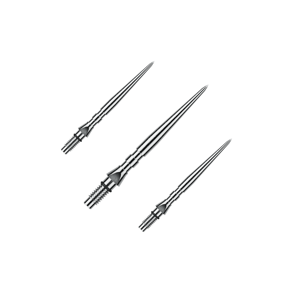 Winmau Switch Point Groove steel dart tips - Silver Effect Auf dem Bild ist ein Set von silbernen Steeldartspitzen mit Rillen zu sehen, wahrscheinlich 'Switch Point Groove Silver Effect' und 26mm lang. Das Set ist für den Einsatz bei Steeldarts gedacht.