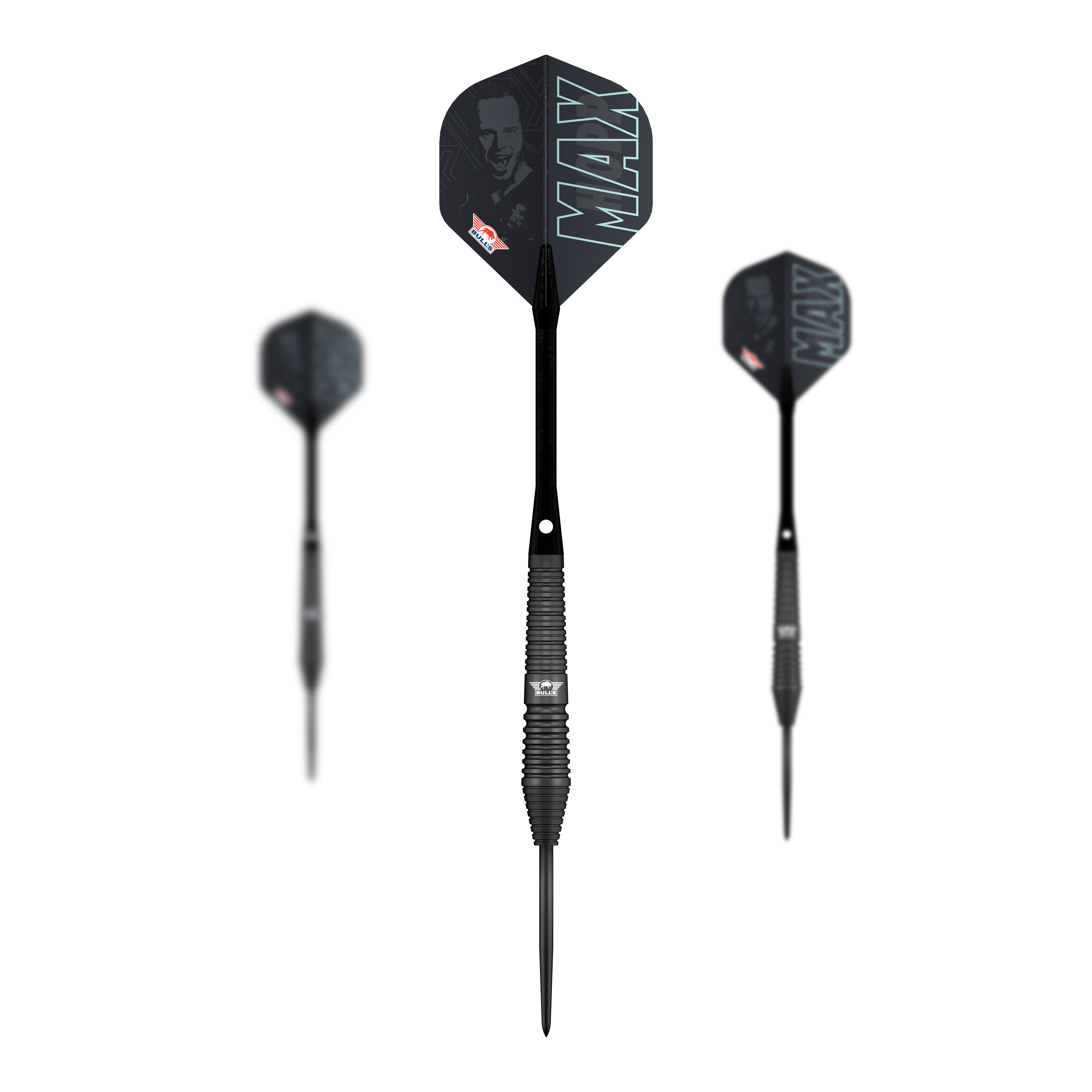 Bulls NL Max Hopp Black Steel Darts Das Bild zeigt die Bulls NL Max Hopp Black Steeldarts. Es handelt sich um ein Set von hochwertigen Steeldarts für Präzisionsspiel.