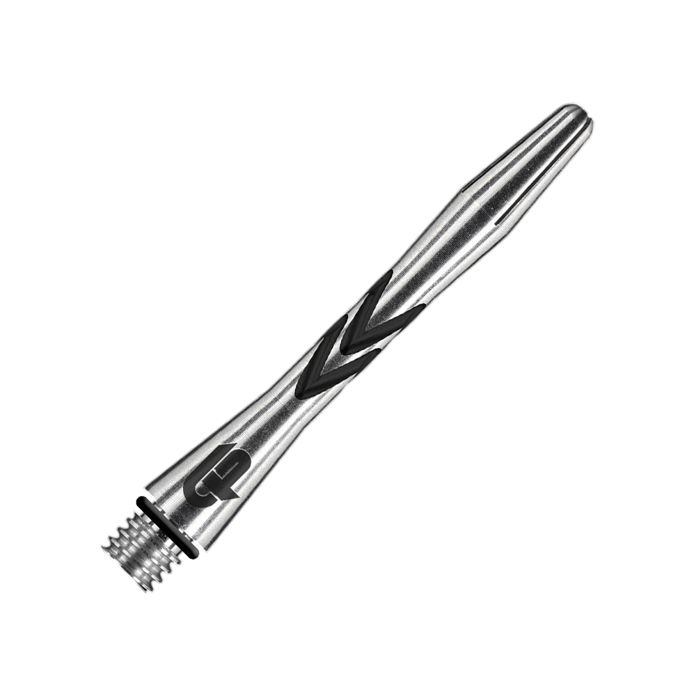 C648_Red_Dragon_Gerwyn_Price_V-Groove_Aluminium_Shafts_Black_36mm_2 Das Bild zeigt einen Red Dragon Gerwyn Price V-Groove Black Aluminium Shaft in 36 mm Länge. Der Schaft ist silberfarben mit schwarzen Rillen und hat ein Schraubgewinde am Ende.