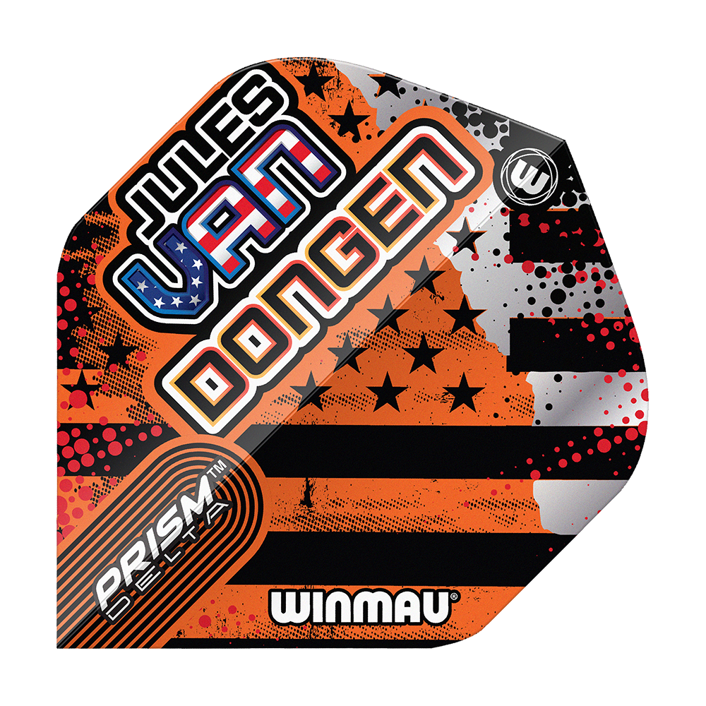 Winmau Prism Delta Jules Van Dongen Standard Flights Das Bild zeigt ein Winmau Prism Delta Dart-Flight mit dem Namen "Jules Van Dongen". Das Flight-Design enthält auffällige Farben, Sterne und Streifen sowie den Schriftzug "Winmau".