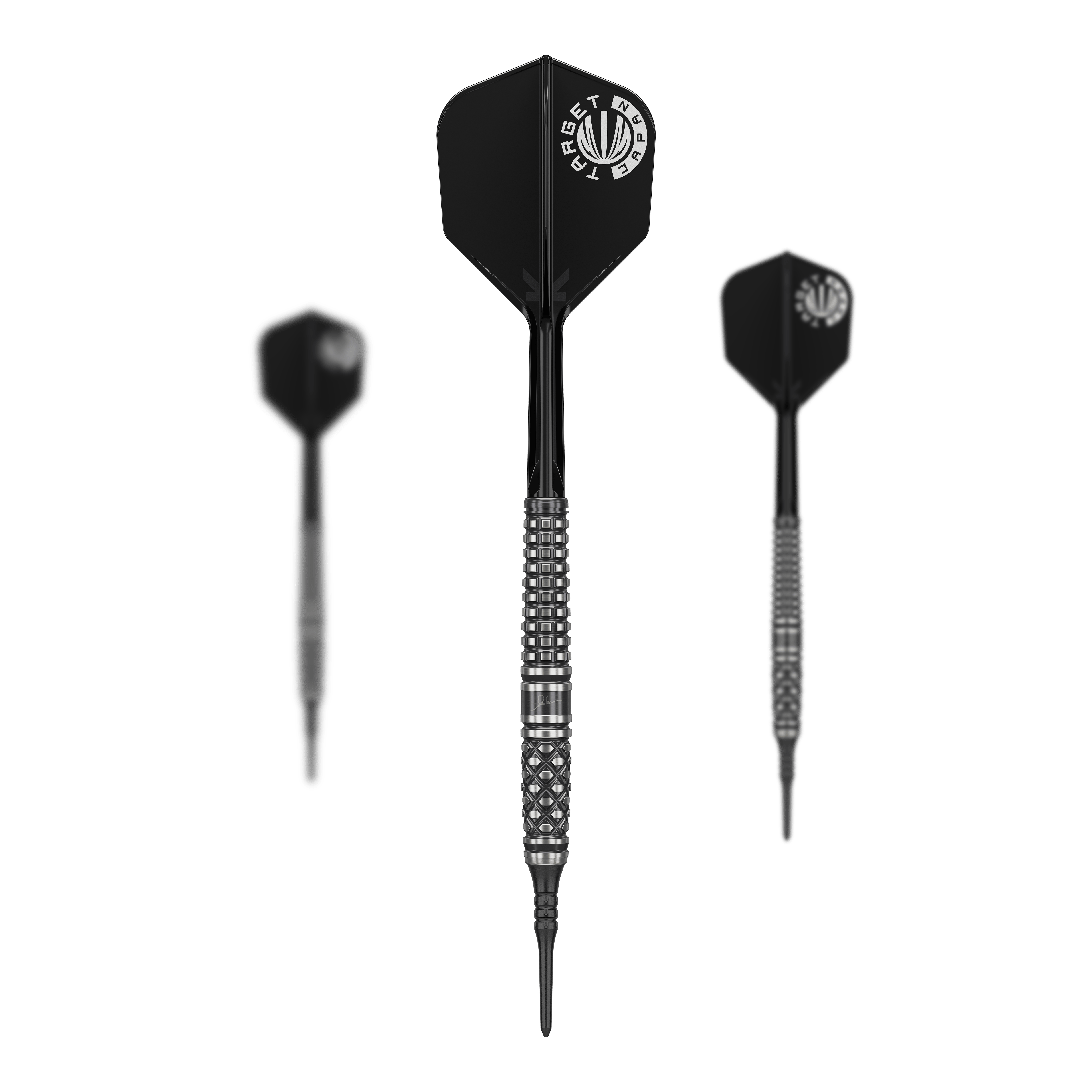 Target Japan Paul Lim The Legend GEN8 Soft Darts - 19g Das Bild zeigt drei schwarze Softdarts des Modells "Target Japan Paul Lim The Legend GEN8 - 19g". Die Darts haben silberne Griffringe und schwarze Flights mit weißem Logo.