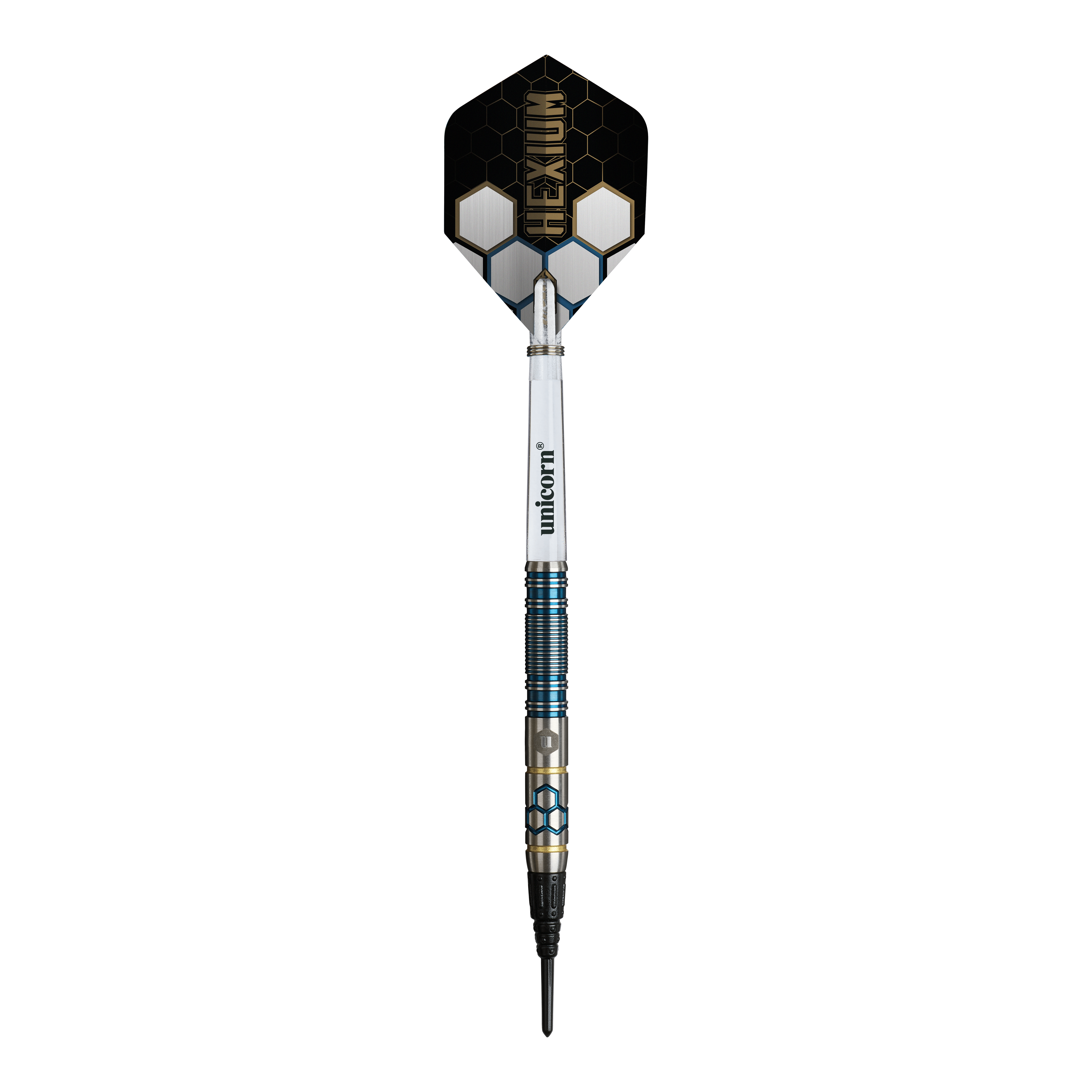 Unicorn Hexium Style 02 Blue & Gold Soft Darts - 21g Hier sieht man die Unicorn Hexium Style 02 Blue & Gold Softdarts - 21g. Die Darts sind in Blau und Gold gehalten.