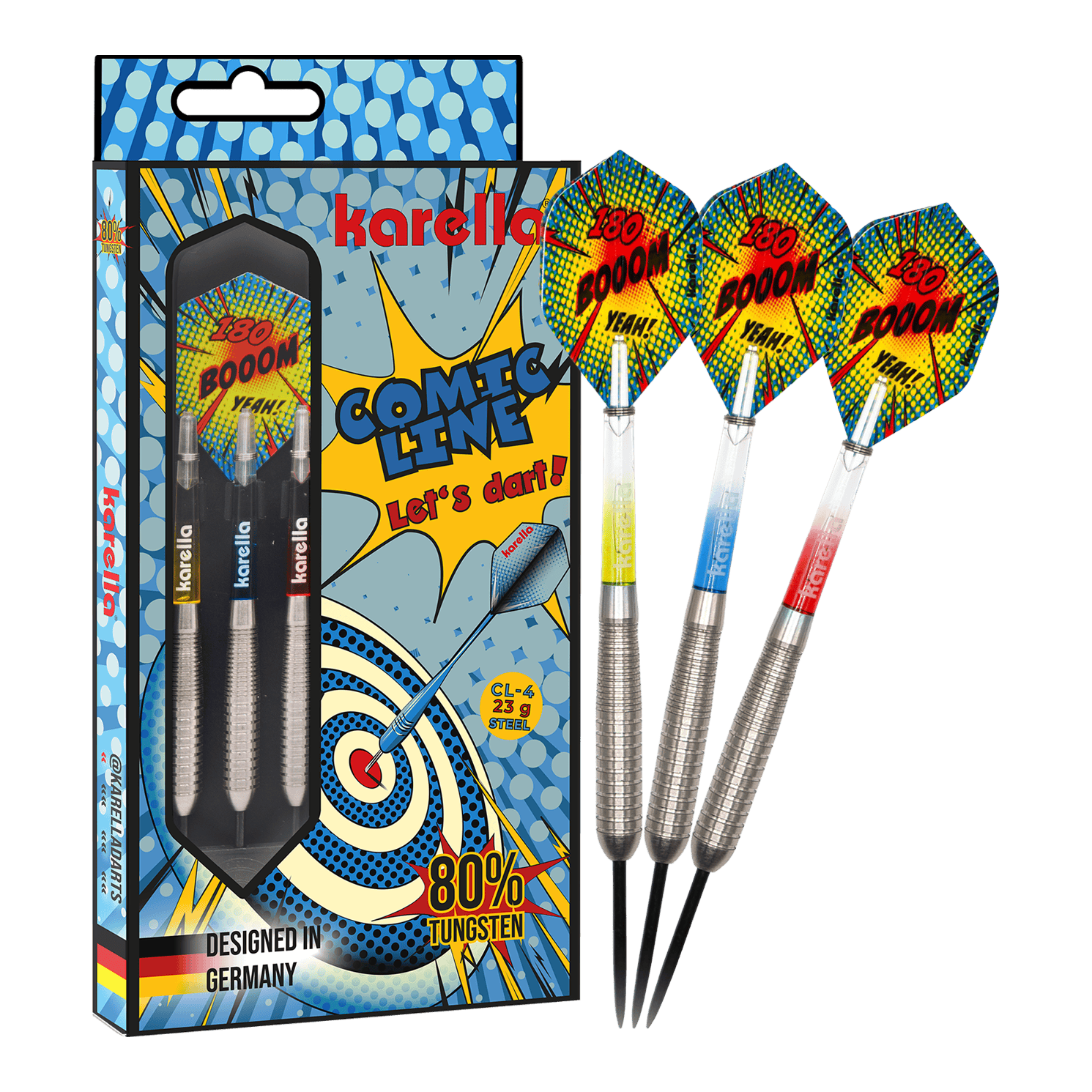 Karella Comic Line CL-4 steel darts - 23g Das Bild präsentiert die Karella Comic Line CL-4 Steeldarts mit einem Gewicht von 23g. Diese Darts sind robust und für ambitionierte Spieler konzipiert.