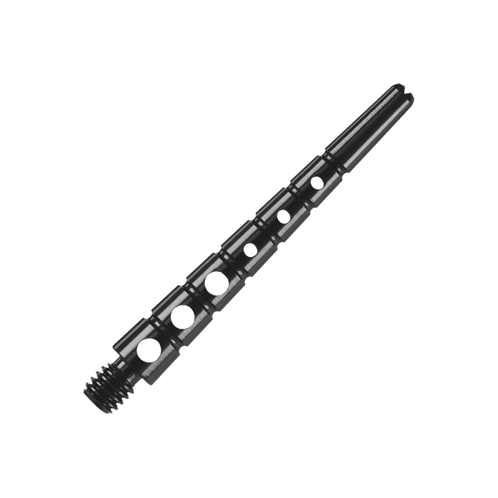 901941_Harrows_Graflite_Shafts_Schwarz_2 Das Bild zeigt einen Harrows Graflite Shaft mit einer Länge von 41 mm. Der Shaft ist schwarz und hat mehrere runde Aussparungen entlang seines Körpers.