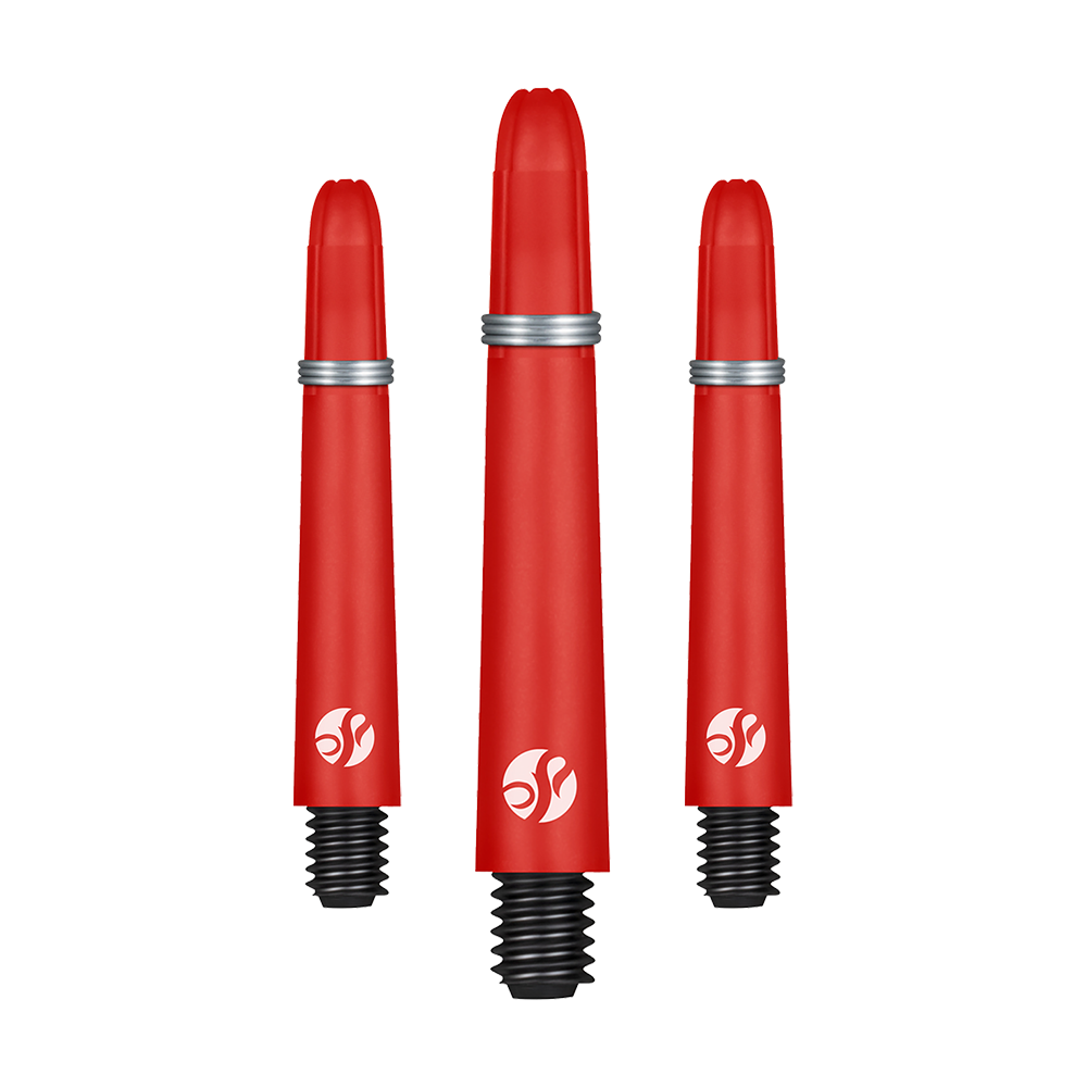 Shot Koi Carbon Shafts - Red Auf dem Bild sind drei rote Dartschäfte in unterschiedlichen Längen zu sehen. Sie haben silberne Ringe und ein weißes Logo am unteren Ende.