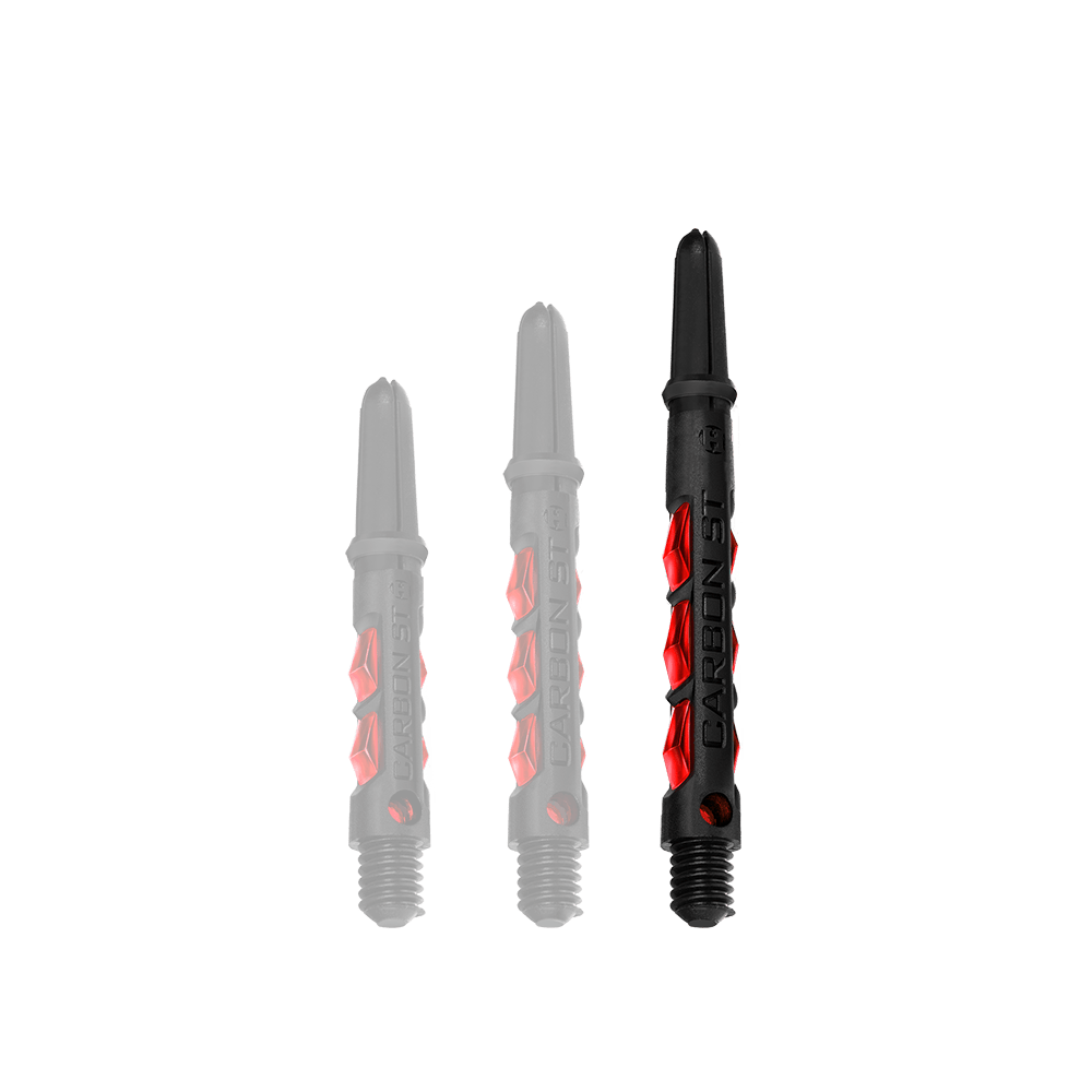 Das Bild zeigt drei Harrows Carbon ST Shafts in der Farbe Rot. Die Dartschäfte bestehen aus schwarzem Material mit roten Akzenten und unterscheiden sich in der Länge.