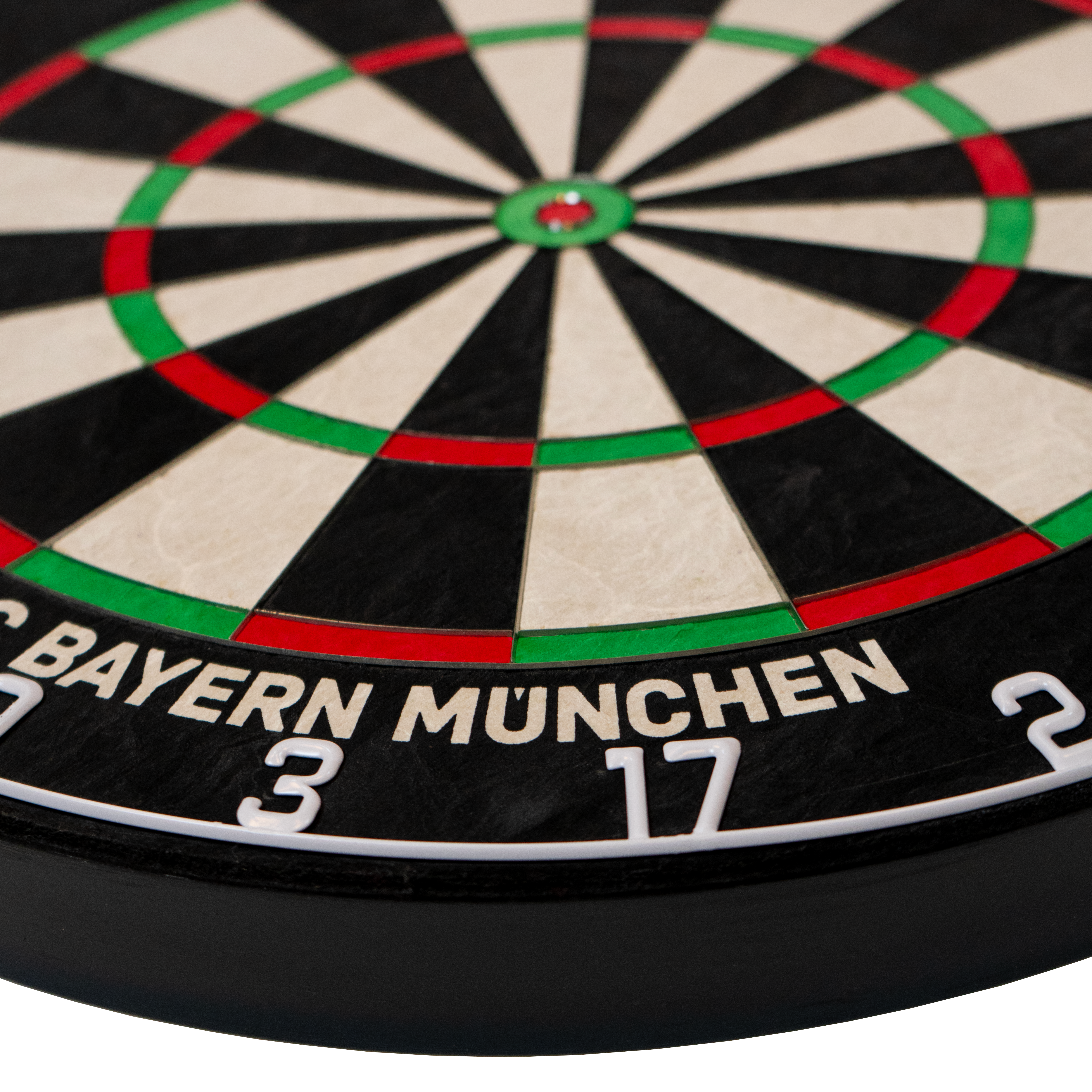Das Bild zeigt das Bulls FC Bayern München Bristle Steeldartboard. Es handelt sich um eine Scheibe zum Dartspielen mit dem Logo des FC Bayern München.