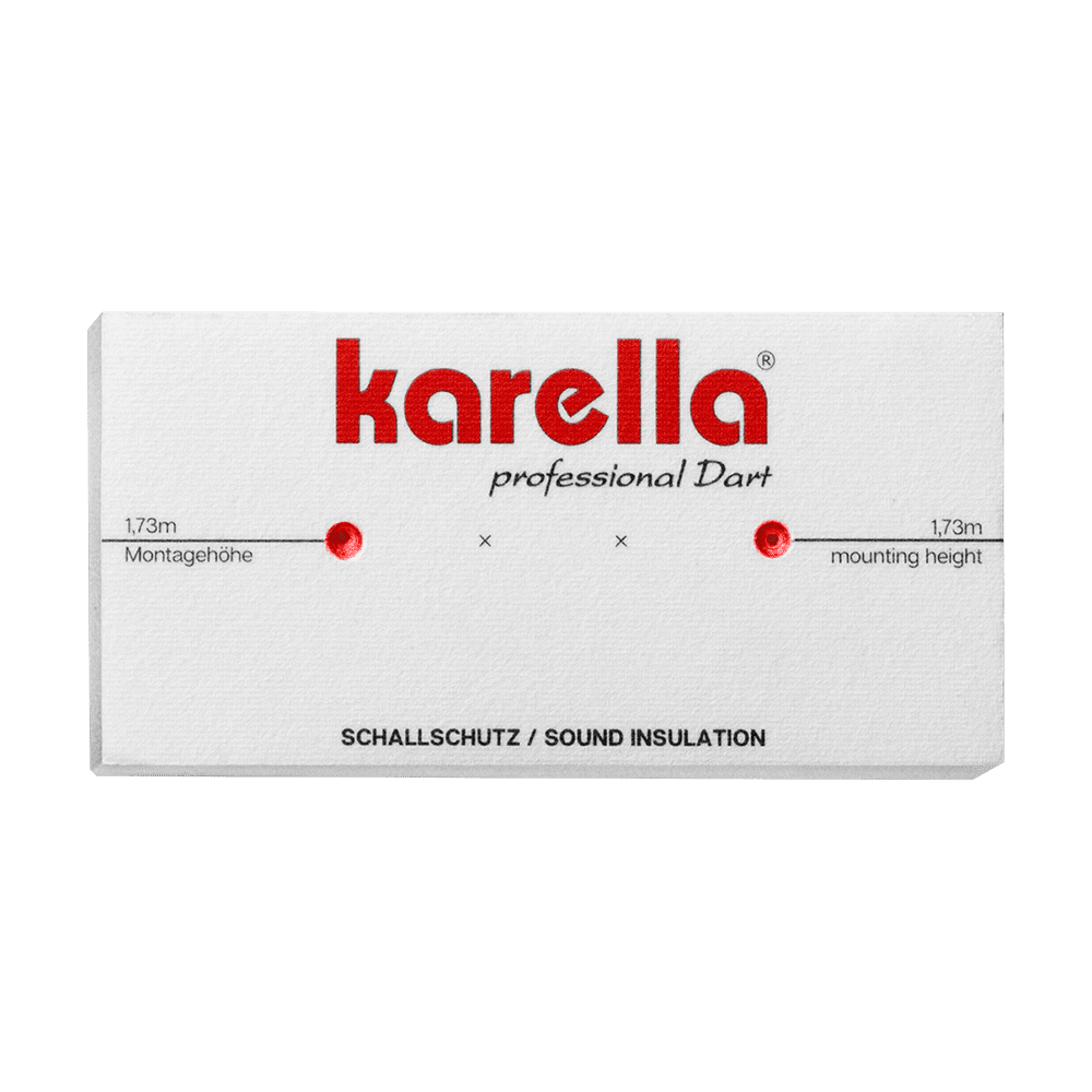 811501_Karella_Schallschutz_f-r_Steeldartboards_4 Das Bild zeigt eine Verpackung des Produkts "Schallschutz Karella für Steeldartboards mit integriertem Surround Auffangring". Auf der Verpackung steht der Markenname "Karella" und Hinweise zur Montagehöhe.