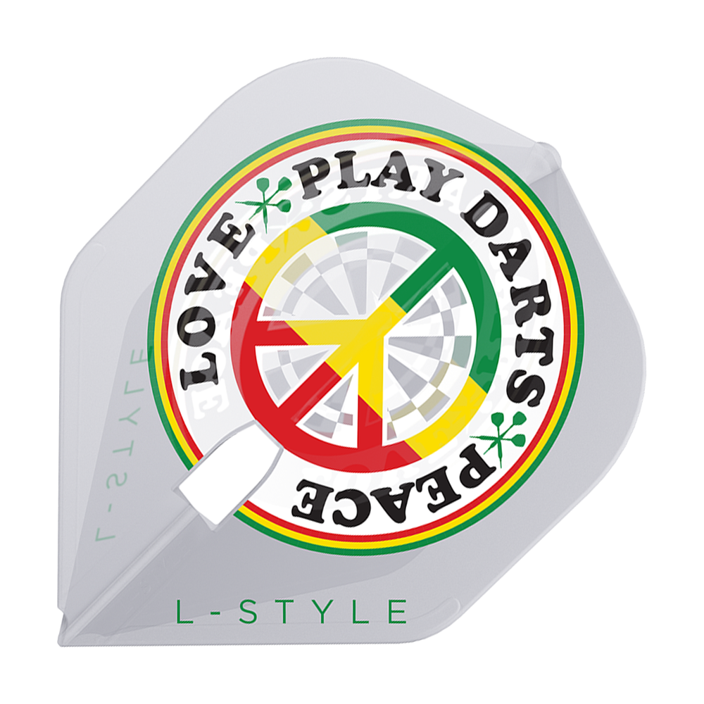 L-Style Deta Hedman V4 Clear White L1PRO Flights Das Bild zeigt einen weißen Dartflight mit einem farbenfrohen Kreisdesign und der Aufschrift "LOVE PEACE PLAY DARTS". Unten steht in grüner Schrift "L-STYLE".