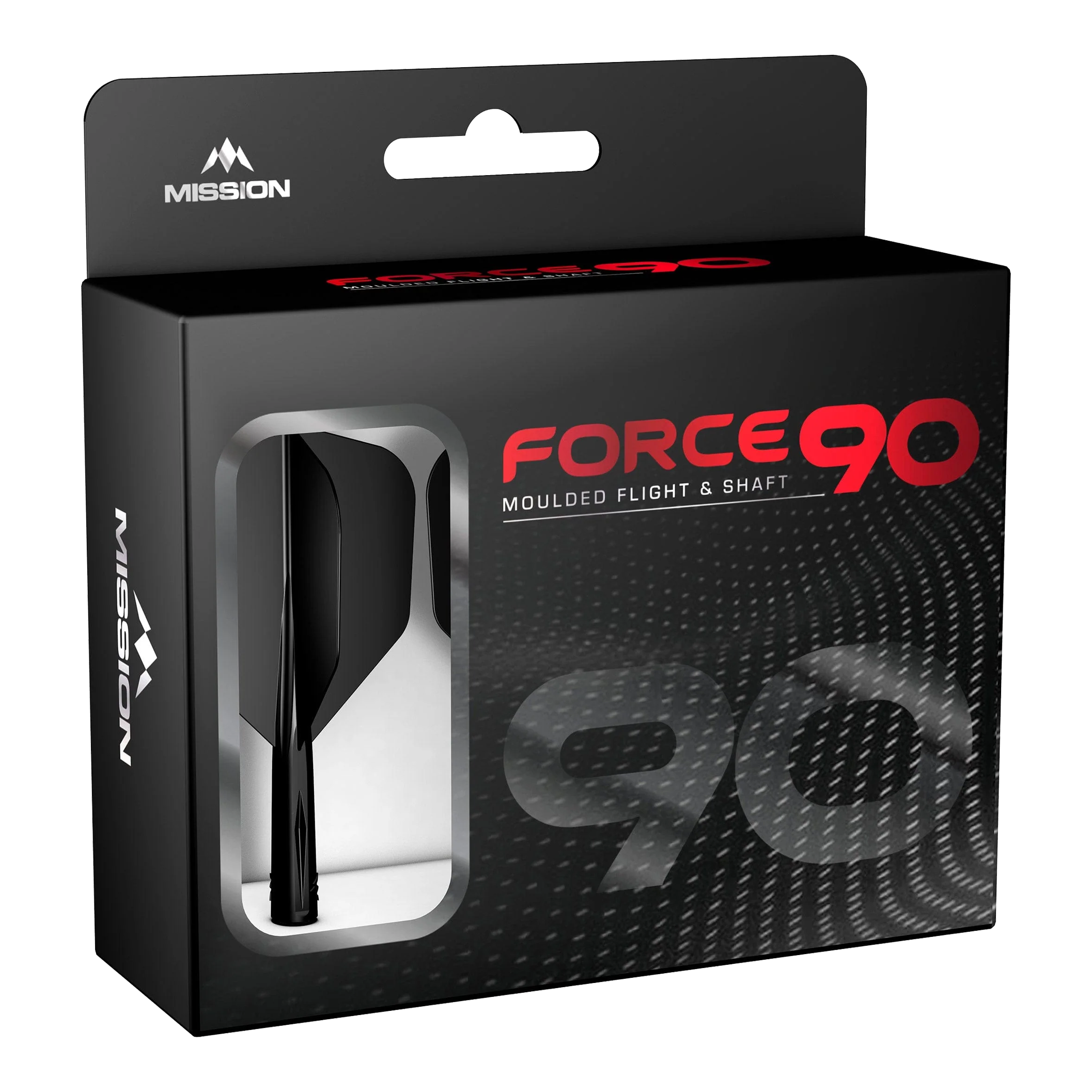 Mission Force 90 No6 Flight Shaft System - Black Die Abbildung zeigt die Verpackung des Produkts "Mission Force 90 No6 Flight-Shaft-System - Schwarz". In der Box befindet sich ein schwarzes Flight- und Shaft-System für Darts.