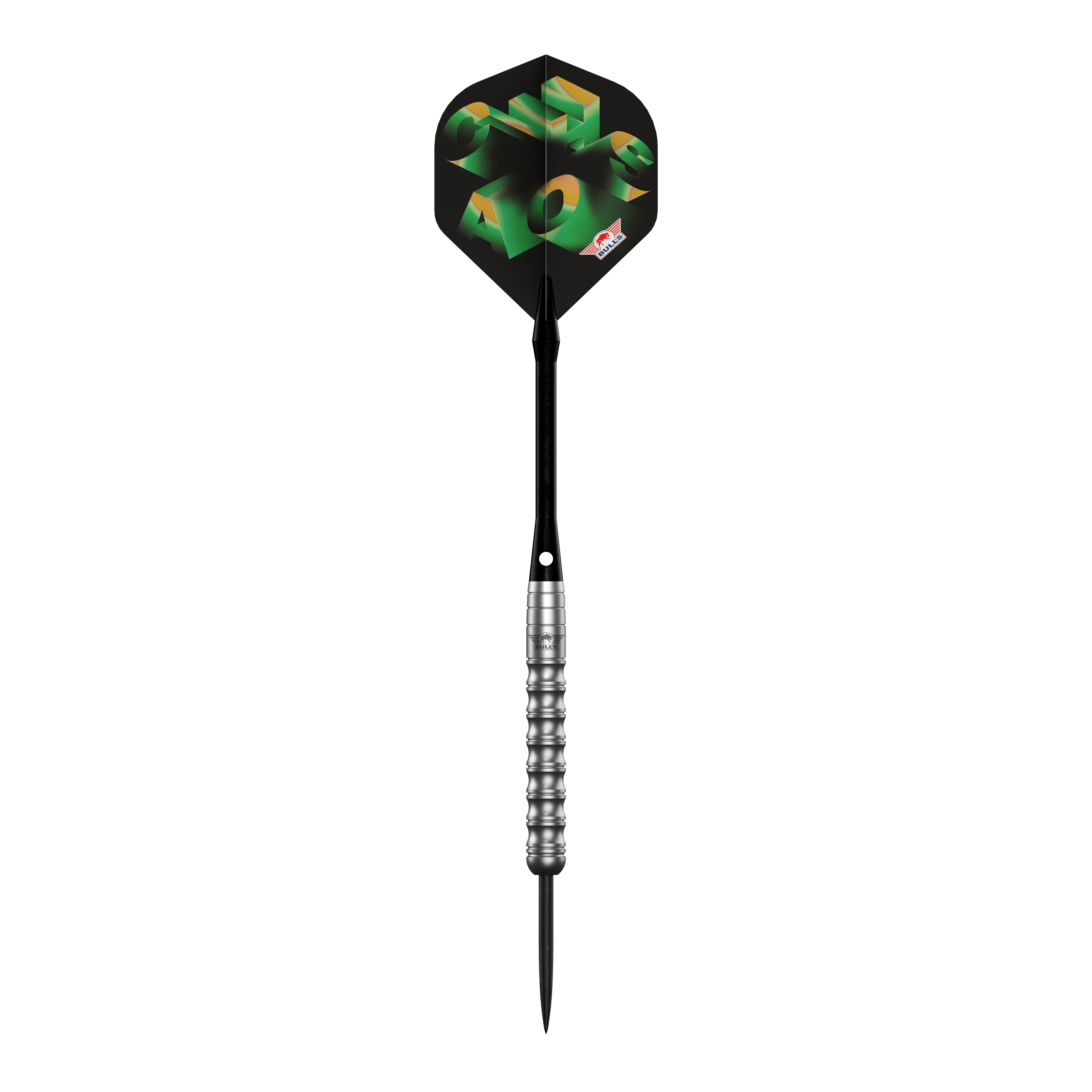 Bulls NL Chaos Green Steel Darts - 24g Das Bild zeigt die Bulls NL Chaos Green Steeldarts - 24g. Es handelt sich um ein Set grüner Steeldarts für Dartspieler.