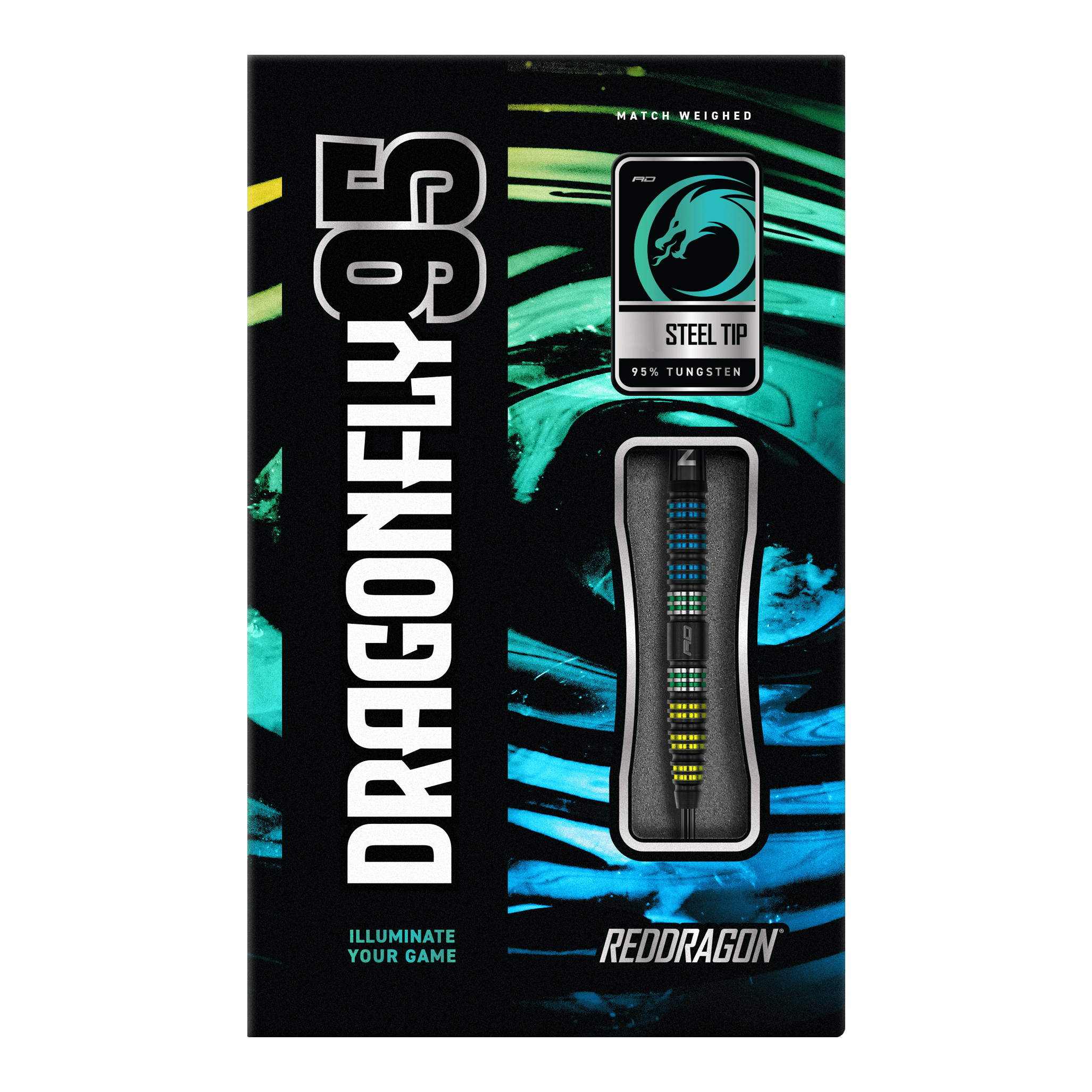Red Dragon Dragonfly 95 Black Tapered Steel Darts Auf dem Bild ist die Verpackung der "Red Dragon Dragonfly 95 Black Tapered Steeldarts" zu sehen. Die Schachtel hebt das Design der Darts sowie den Schriftzug und die Materialien hervor.