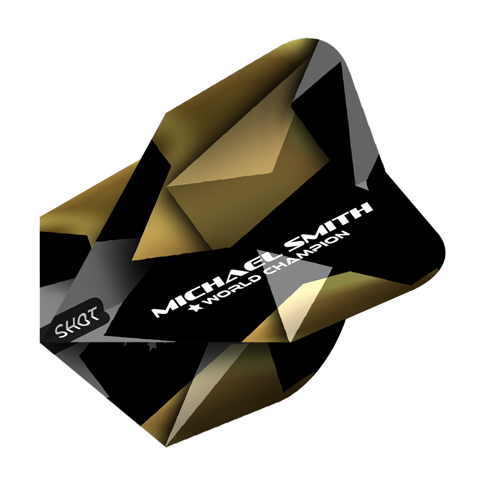 Shot Michael Smith Believe No6 Flights Das Bild zeigt den Shot Michael Smith Believe No6 Flight mit einem schwarzen und goldenen geometrischen Design. Auf dem Flight steht in weißer Schrift „MICHAEL SMITH ★ WORLD CHAMPION“.