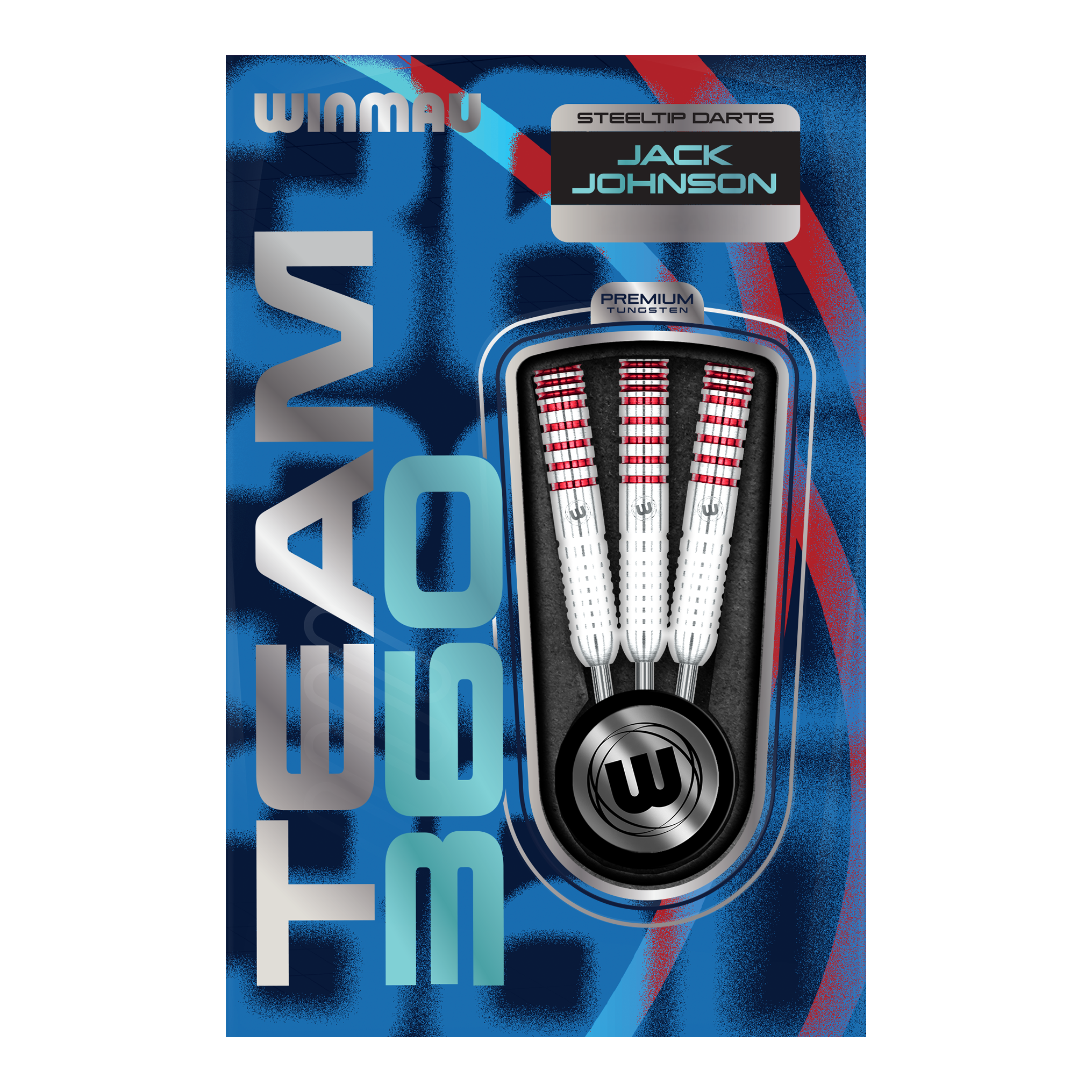 Abgebildet sind die Winmau Team 360 Jack Johnson Steeldarts mit 24 Gramm Gewicht. Die Darts zeichnen sich durch ihr markantes Design aus.