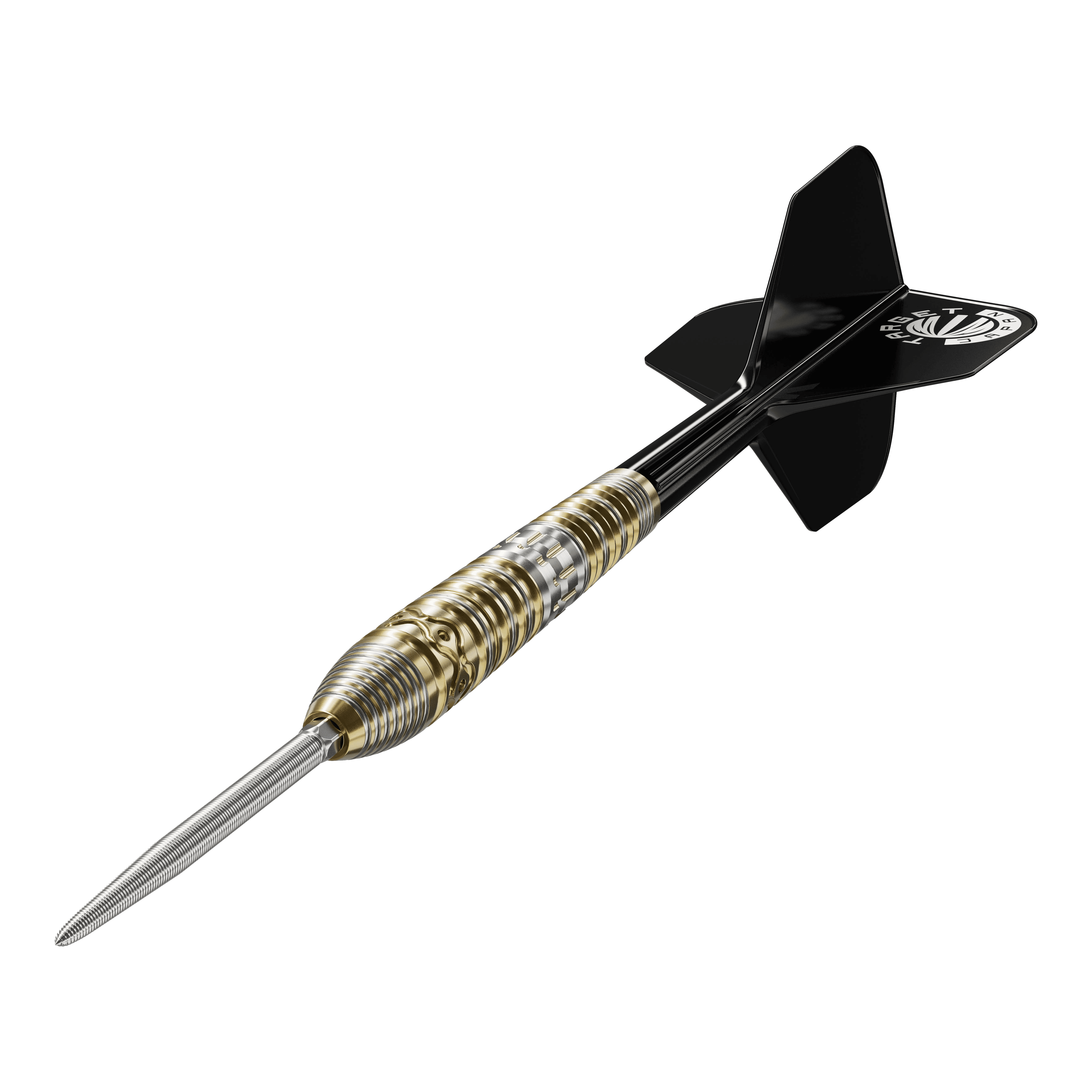 Target Japan Hot Shot GEN2 steel darts - 23g Das Bild zeigt einen Target Japan Hot Shot GEN2 Steeldart mit einem Gewicht von 23g. Der Dart hat einen metallischen, geriffelten Griffbereich und schwarze Flights.