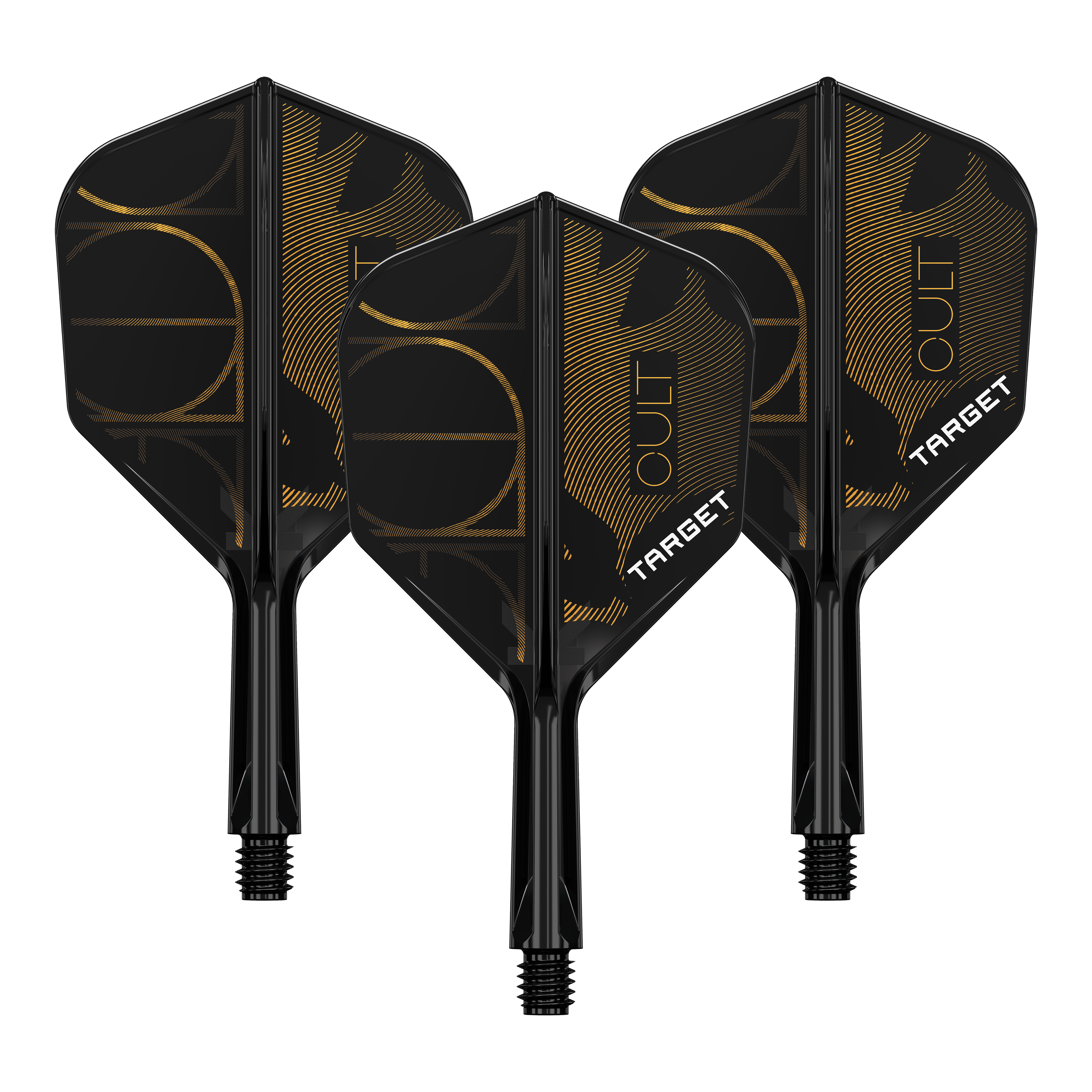 Hier ist ein Set von Dart Flights abgebildet, wahrscheinlich Target K-Flex Cult No6, 19mm. Das Bild zeigt mehrere Flights nebeneinander.