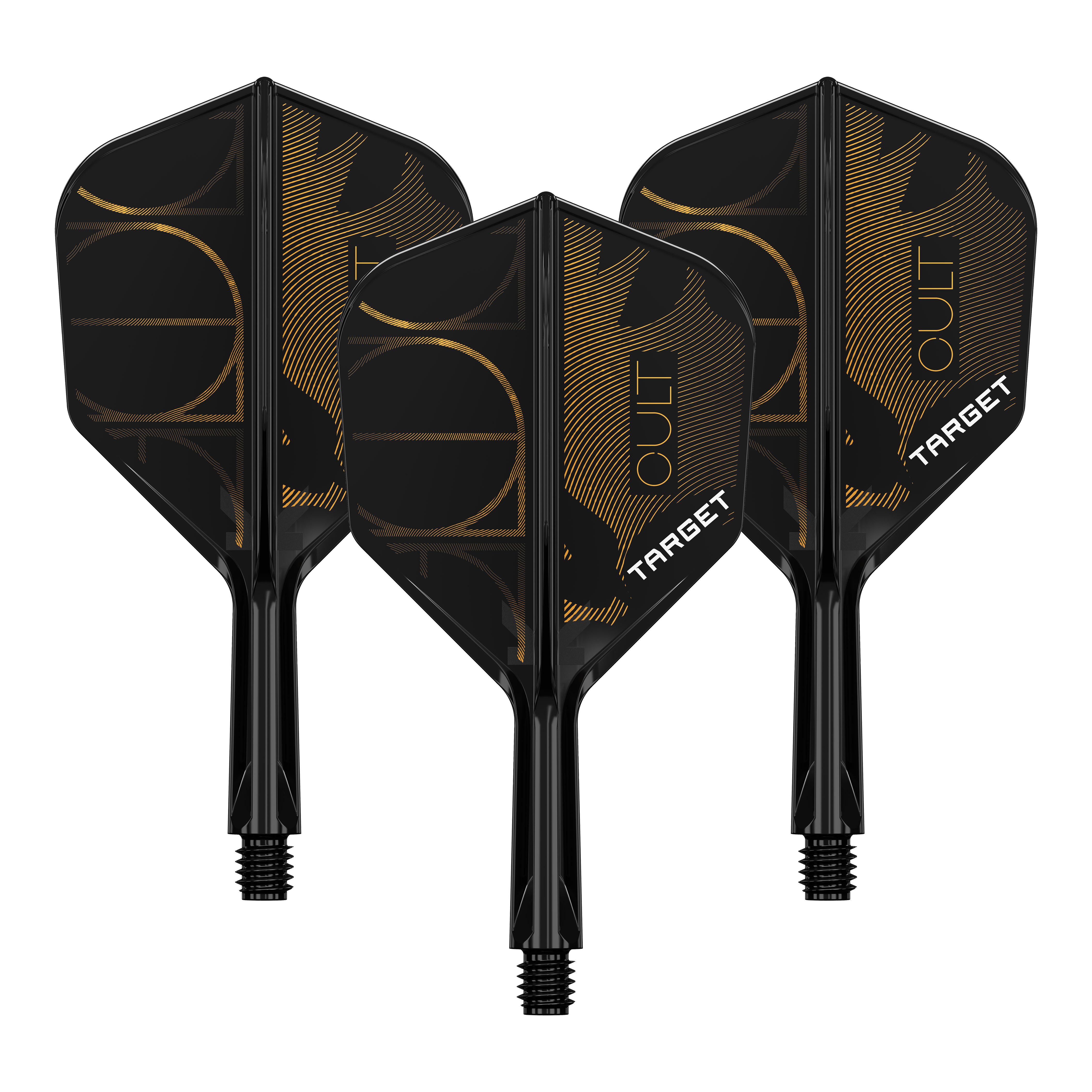 Target K-Flex Cult No6 Flight Shaft System Hier ist ein Set von Dart Flights abgebildet, wahrscheinlich Target K-Flex Cult No6, 19mm. Das Bild zeigt mehrere Flights nebeneinander.