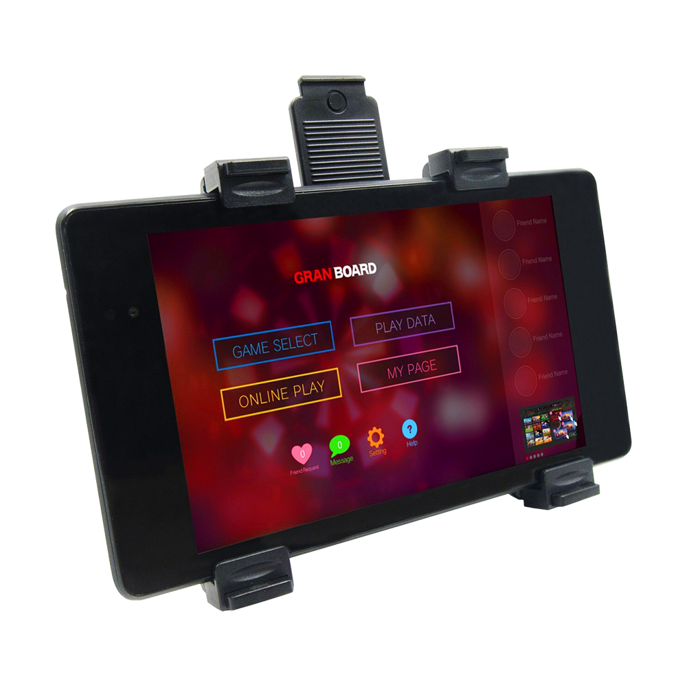 GRN0040_GranBoard_Table_Holder_2 Der GranBoard Tablet Holder hält ein Tablet sicher in einer stabilen Halterung. Auf dem Tablet ist die GranBoard-App mit verschiedenen Auswahlmöglichkeiten zu sehen.