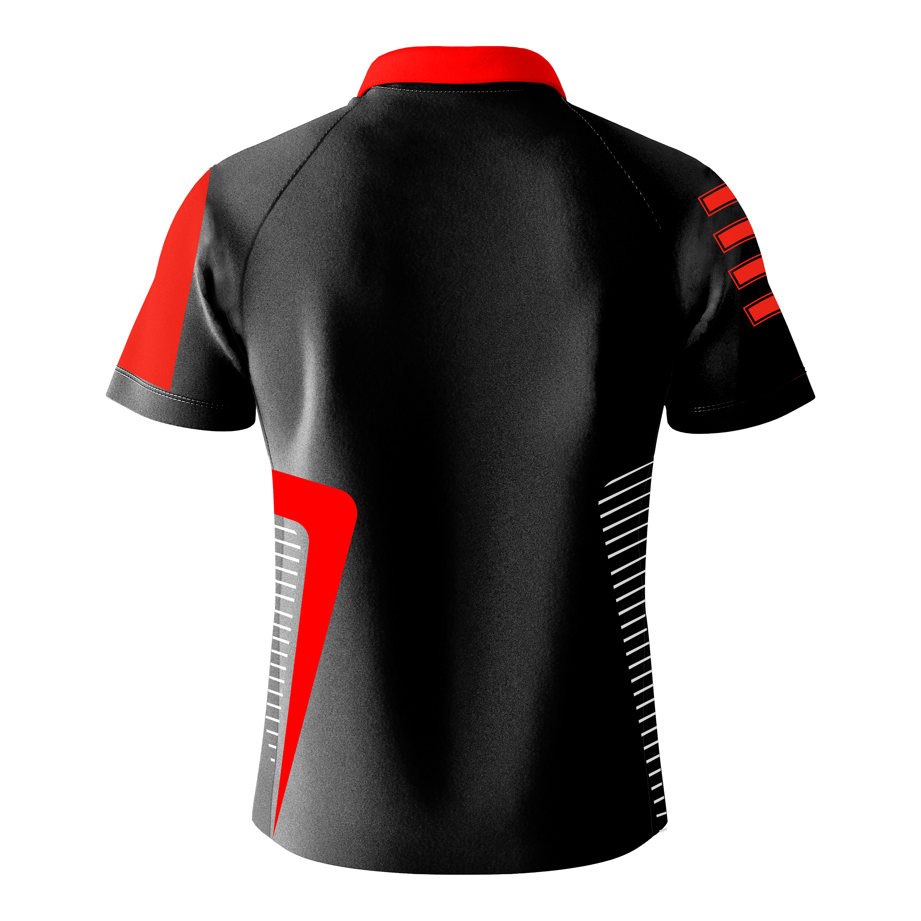 Bulls Team Dart Shirt - Red Das Bild zeigt das Bulls Team Dartshirt in Rot von hinten. Das Shirt ist hauptsächlich schwarz mit roten und weißen Designelementen auf den Ärmeln und an den Seiten.