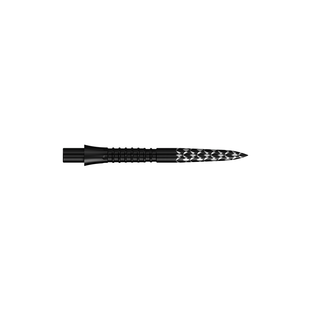 Mission Caliburn EVO dart tips GV logo - Black Schwarze Steeldartspitzen mit GV-Logo und einer Länge von 26 mm sind zu sehen. Das Bild zeigt das Produkt aus der Mission Caliburn EVO Serie.