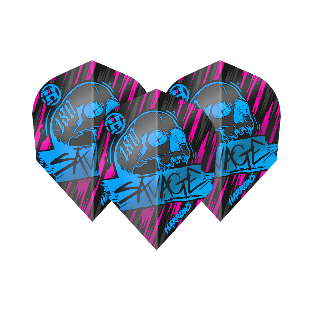 Harrow's Savage Aqua Pink No6 Flights Das Bild zeigt die Harrows Savage Aqua Pink No6 Flights, die für Dartpfeile verwendet werden. Sie sind schwarz mit auffälligen blauen und pinken Grafiken, darunter ein Totenkopf und das Wort "SAVAGE".