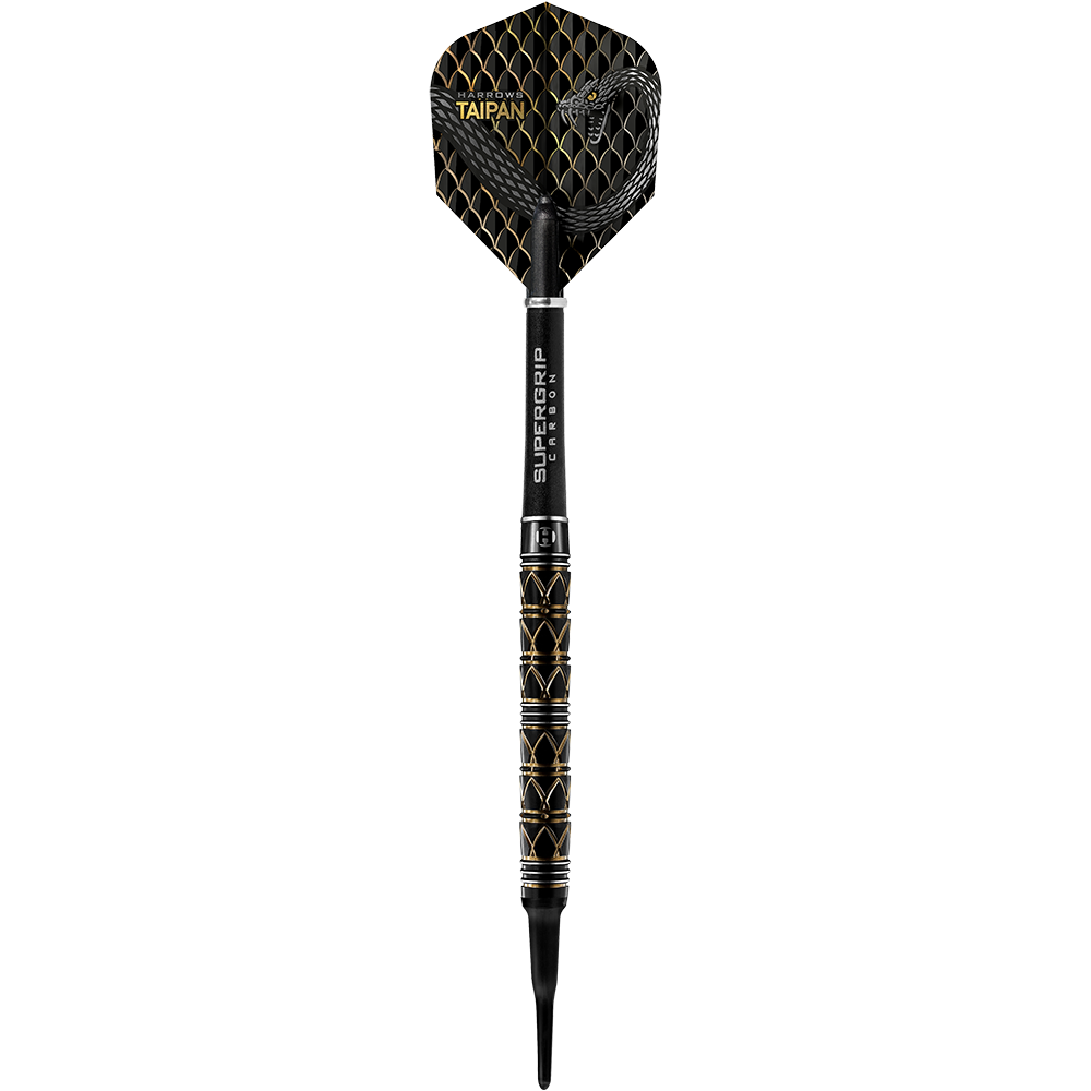 HA29129_Harrows_Taipan_Softdarts_1ioDmR8L4OPn1D Das Bild zeigt einen Harrows Taipan Softdart mit einem schwarzen und goldenen Design. Der Dart hat ein auffälliges Muster und einen Griff mit der Aufschrift "SUPERGRIP CARBON".