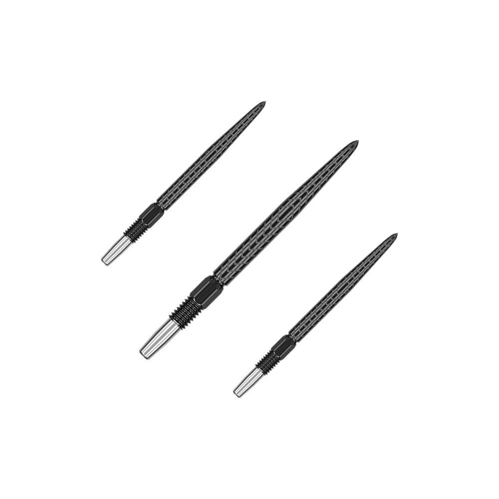 Target Swiss Point RVE dart tips - Black Das Bild zeigt drei schwarze Dartspitzen mit silbernem Schraubgewinde. Sie sind unterschiedlich ausgerichtet und liegen auf einem grünen Hintergrund.