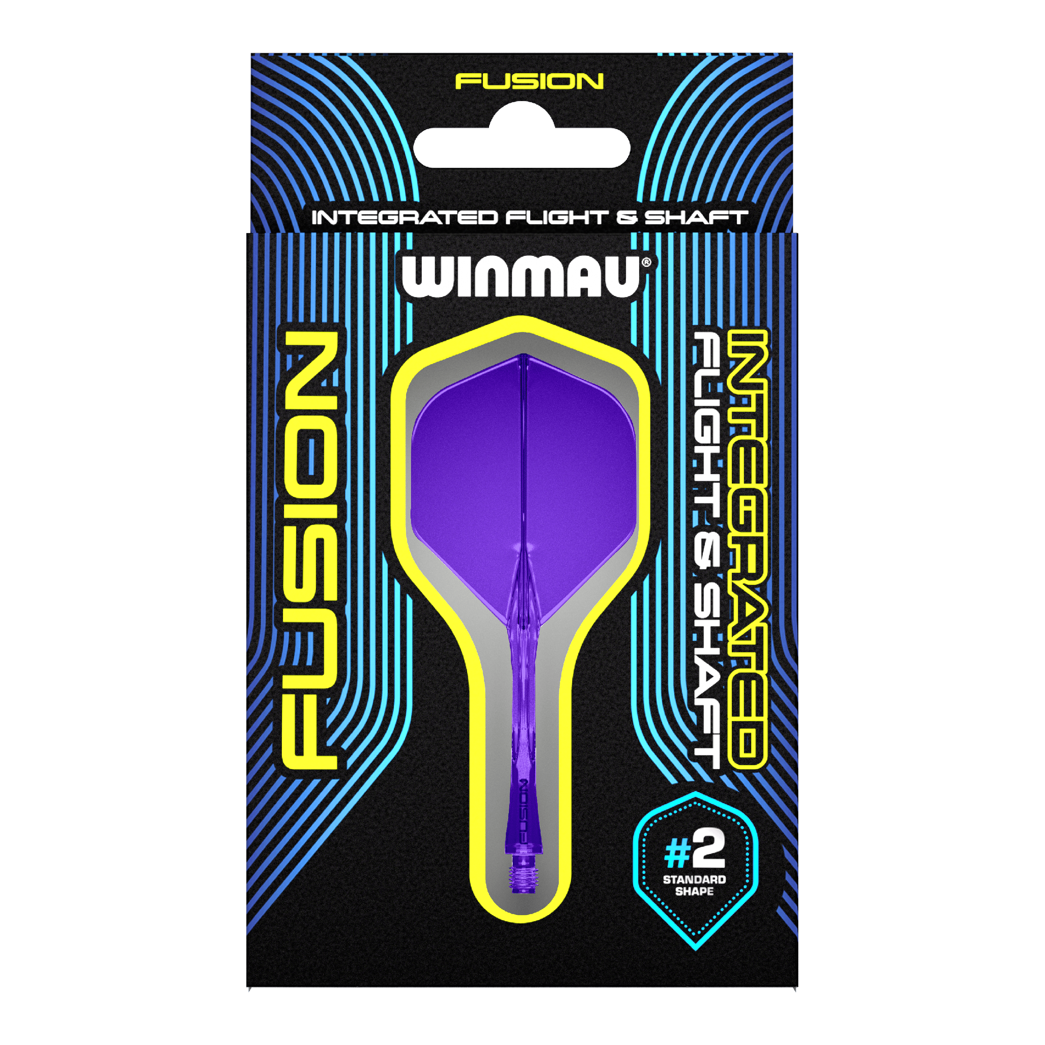 Winmau Fusion Flight Shaft System Standard Purple Auf dem Bild ist eine Verpackung mit einem lila Dart-Flug- und Schaftsystem der Marke Winmau zu sehen. Die Verpackung trägt die Aufschrift "Fusion Integrated Flight & Shaft" und hebt die Standardform #2 hervor.