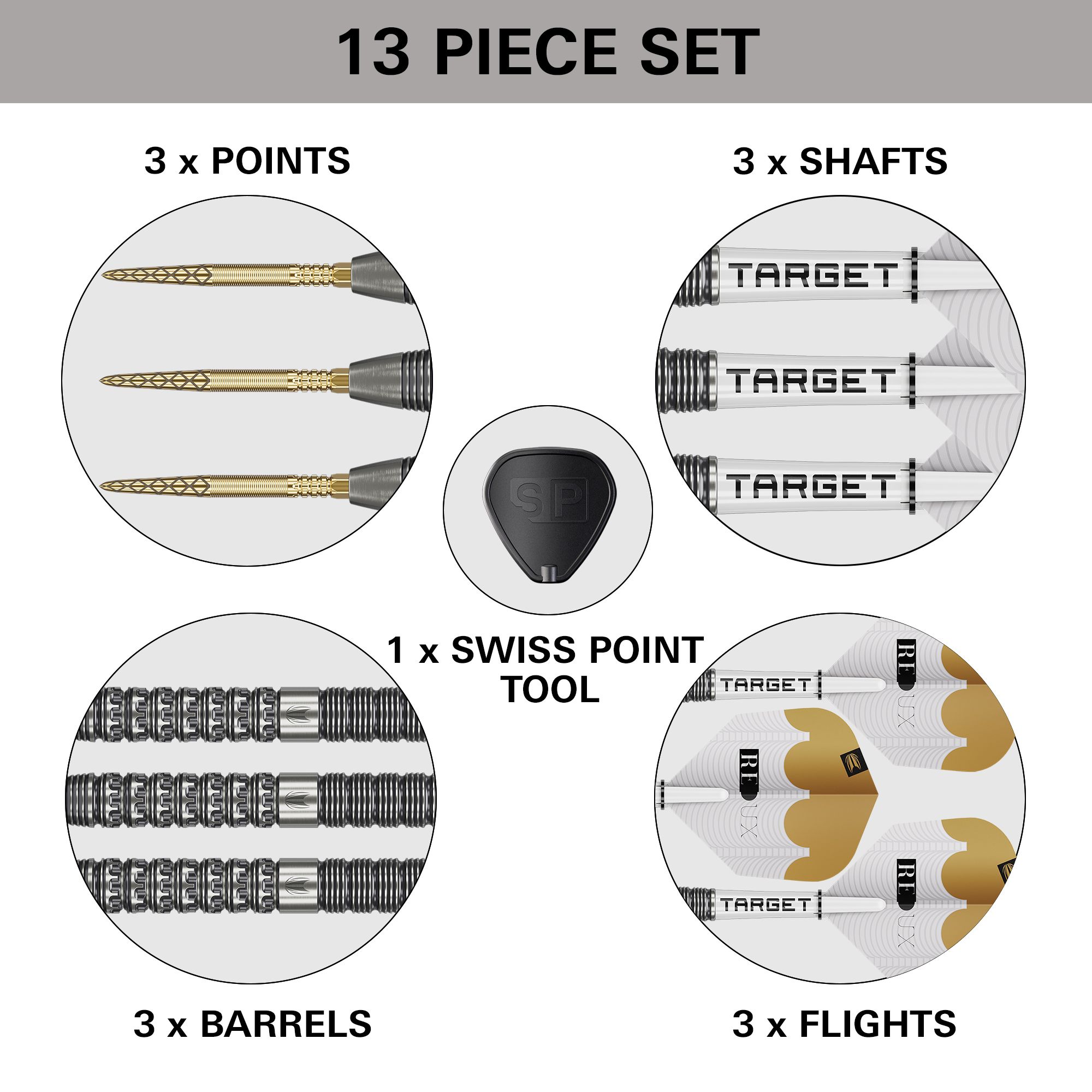 Das Bild stellt die Target Redux 01 Swiss Point Steeldarts dar. Diese Steeldarts besitzen eine spezielle Swiss Point Spitze.