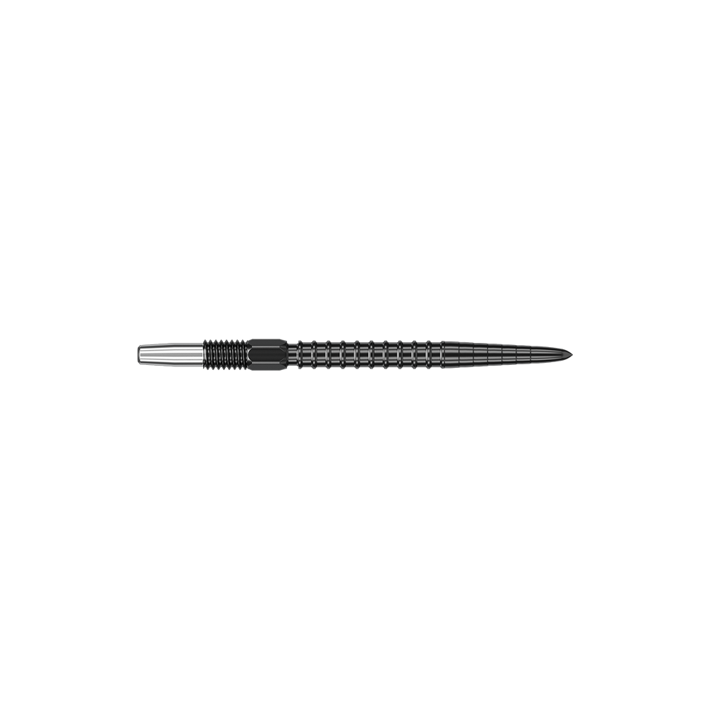 Target Swiss Point Chrono Dart Tips - Black Das Bild zeigt eine schwarze Dartspitze mit einem geriffelten Design. Die Spitze ist lang und schmal, geeignet für den Einsatz in Dartpfeilen.