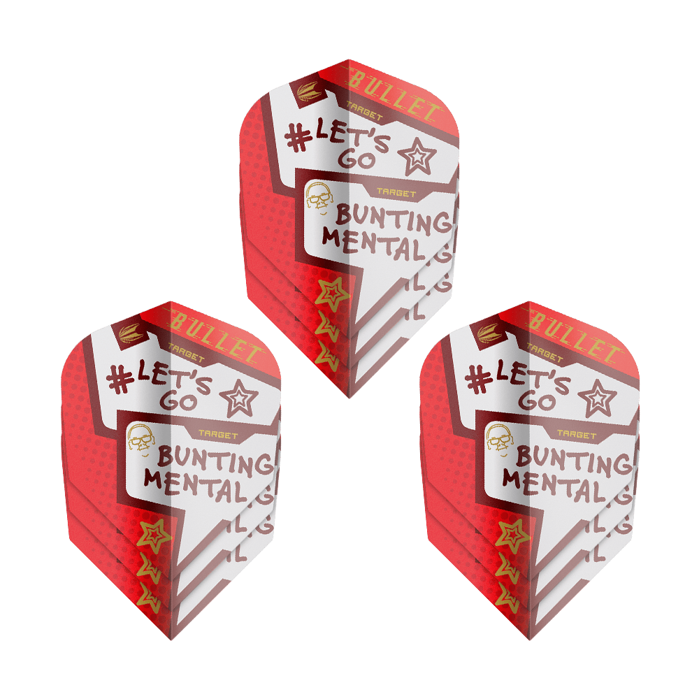 Target Pro Ultra Stephen Bunting Mental No6 Flights - 3 Sets Das Bild zeigt drei Sets der "Target Pro Ultra Stephen Bunting Mental No6 Flights" für Darts. Die Flights sind rot-weiß gestaltet und tragen Aufschriften wie "#LET'S GO" und "BUNTING MENTAL."
