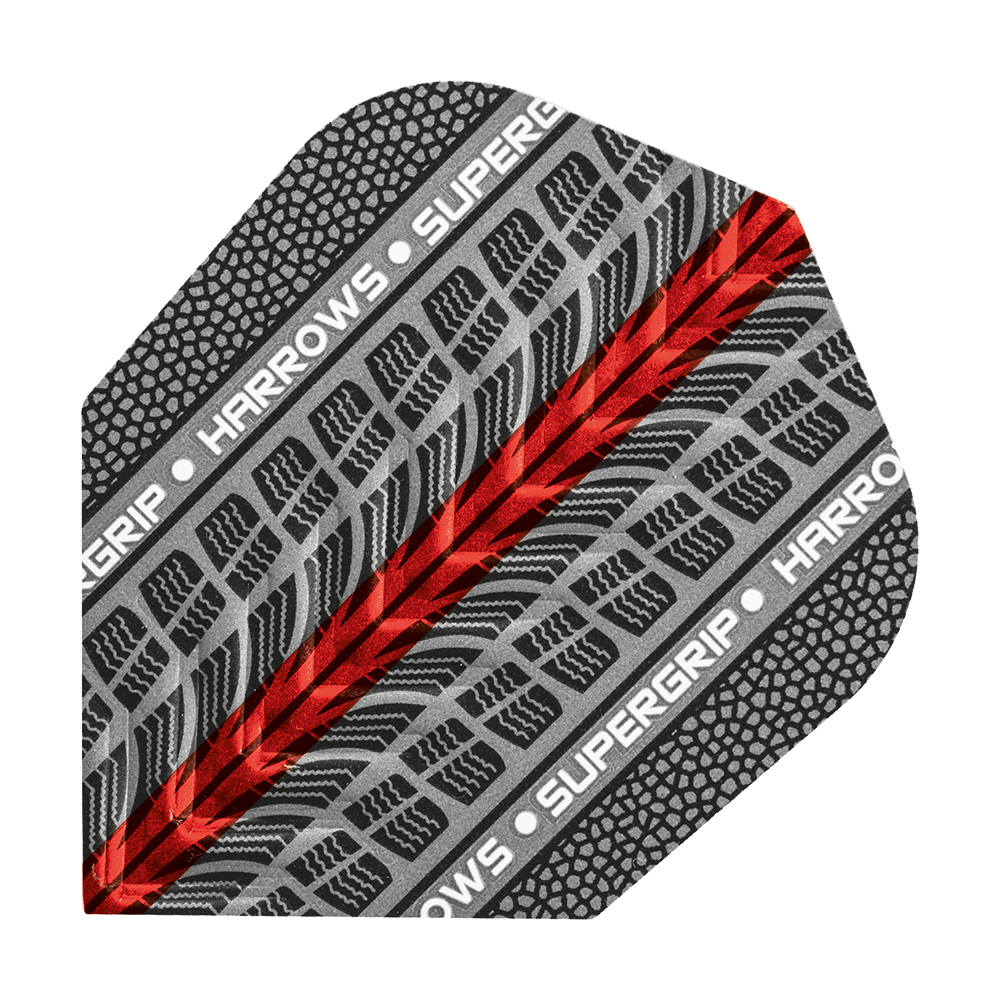 HR77_Harrows_Supergrip_Rot_No6_Flights_1 Das Bild zeigt einen Harrows Supergrip Rot No6 Flight. Das Design besteht aus schwarzen und grauen Reifenspuren mit einem roten Streifen in der Mitte.