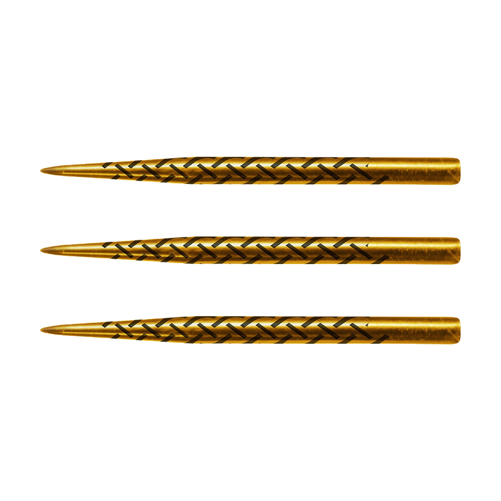 SM4046_Shot_Warrior_Gold_Titanium_Steeldartspitzen_1 Auf dem Bild sind drei goldfarbene Dartspitzen aus Titanstahl abgebildet. Sie haben ein eingraviertes Muster entlang der Oberfläche.