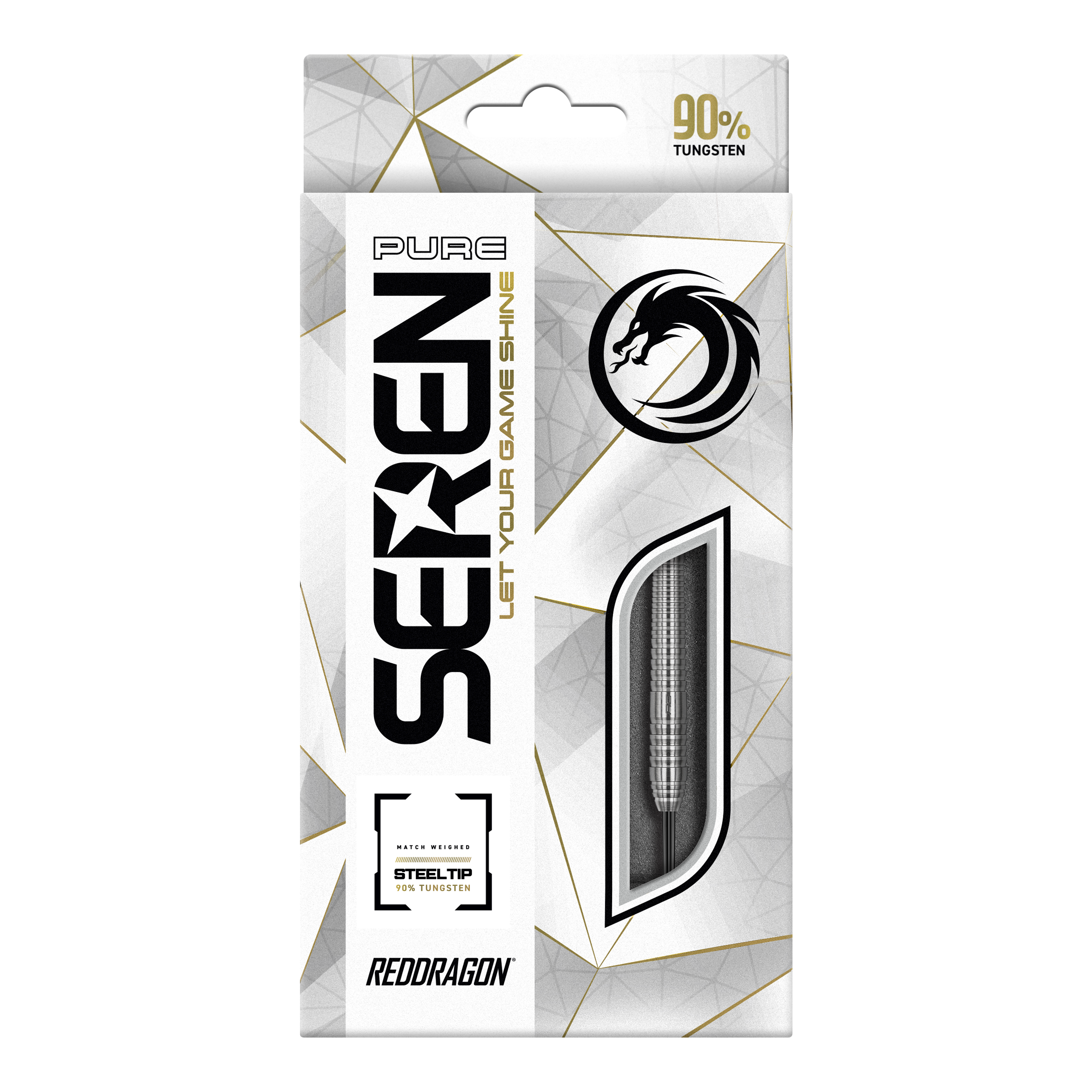Red Dragon Seren 2 Pure Steeldarts Die Abbildung zeigt die Verpackung der "Red Dragon Seren 2 Pure Steeldarts". Auf der Verpackung steht, dass die Darts aus 90% Tungsten bestehen.