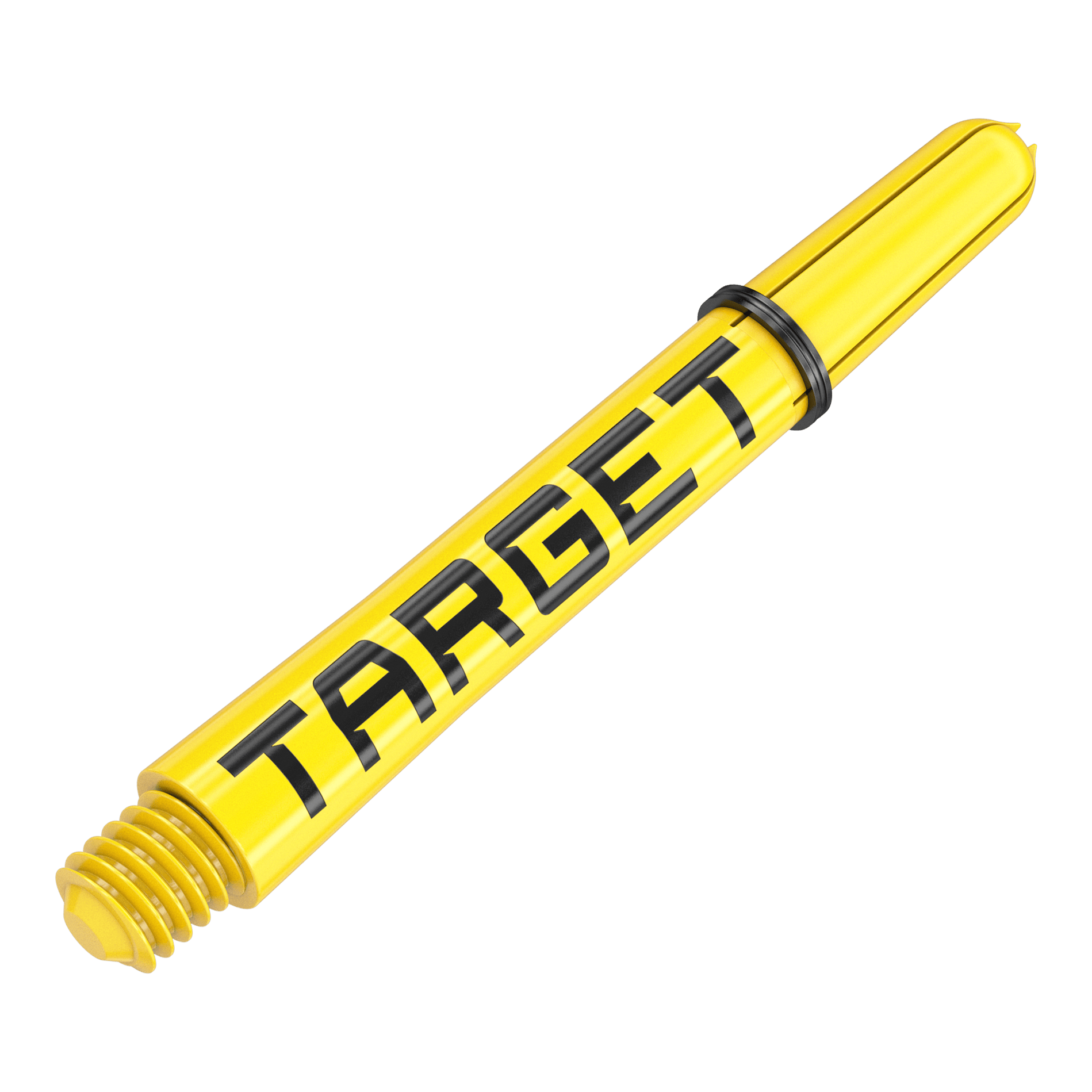 Dies ist ein gelber Dart-Schaft mit dem Schriftzug "TARGET". Der Schaft hat ein schwarzes Gummiband und ein Schraubgewinde am Ende.