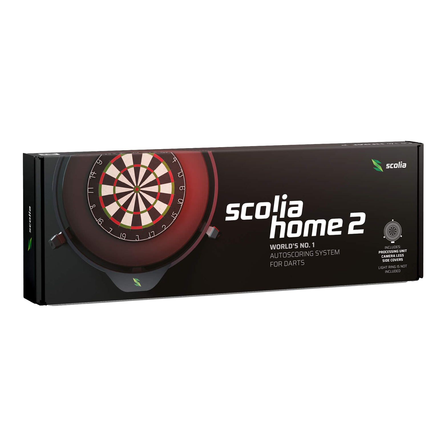 Scolia Home 2 Electronic Autoscoring System 2026 Die Abbildung zeigt die Verpackung des Produkts "Scolia Home 2 Electronic Score System". Es handelt sich um ein automatisches Punktezählsystem für Darts.