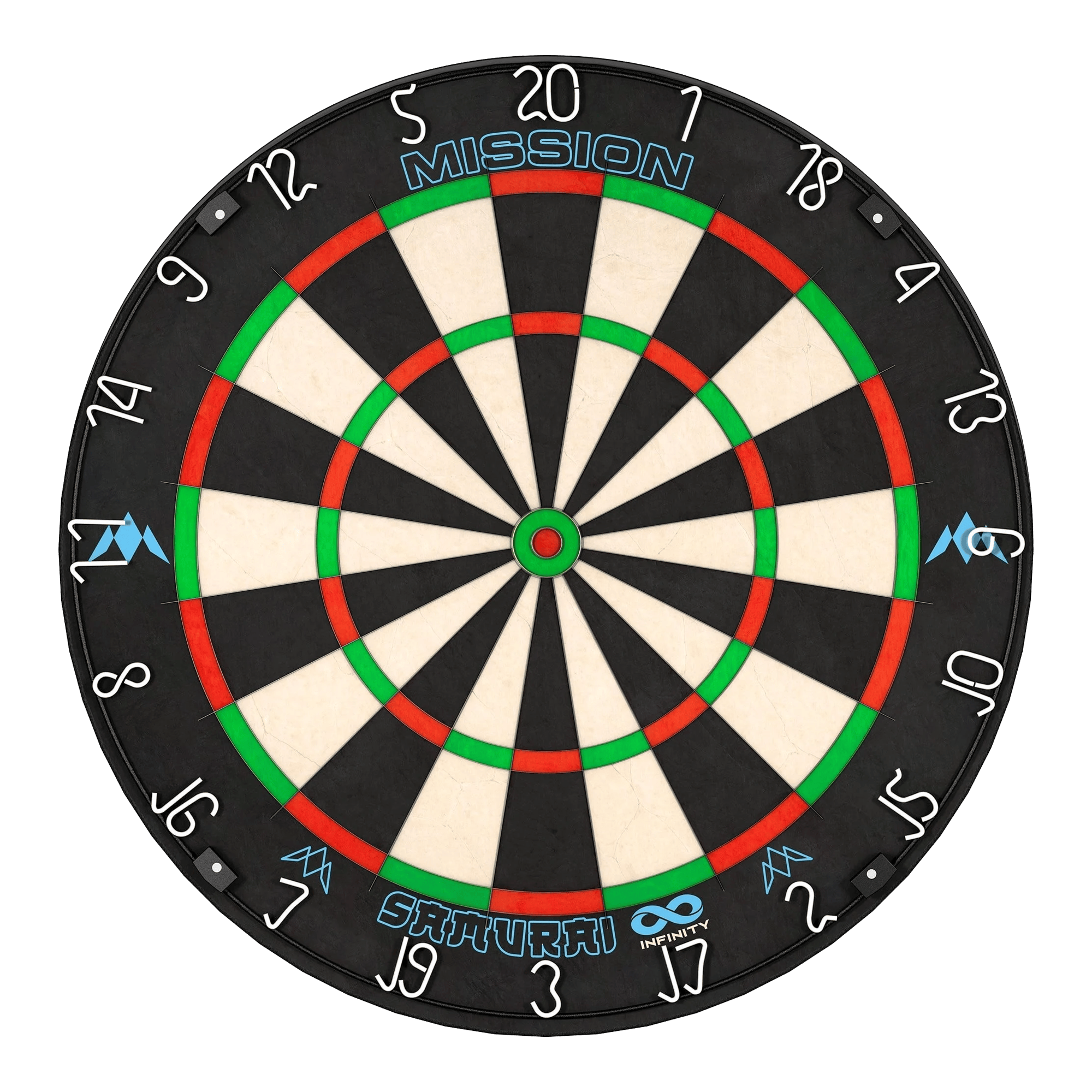 Mission Samurai Infinity steel dartboard Das Bild zeigt eine Steeldartscheibe mit dem Namen "Mission Samurai Infinity". Die Scheibe ist schwarz-weiß mit roten und grünen Markierungen und hat weiße Zahlen am Rand.