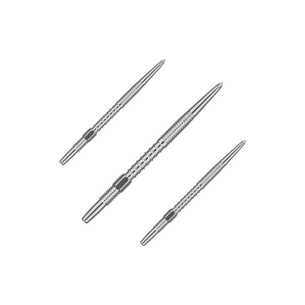 Target Swiss Firepoint Silver dart tips Das Bild zeigt drei silberne Dartspitzen, die nebeneinander angeordnet sind. Sie sind länglich und haben eine feine Riffelung für besseren Halt.